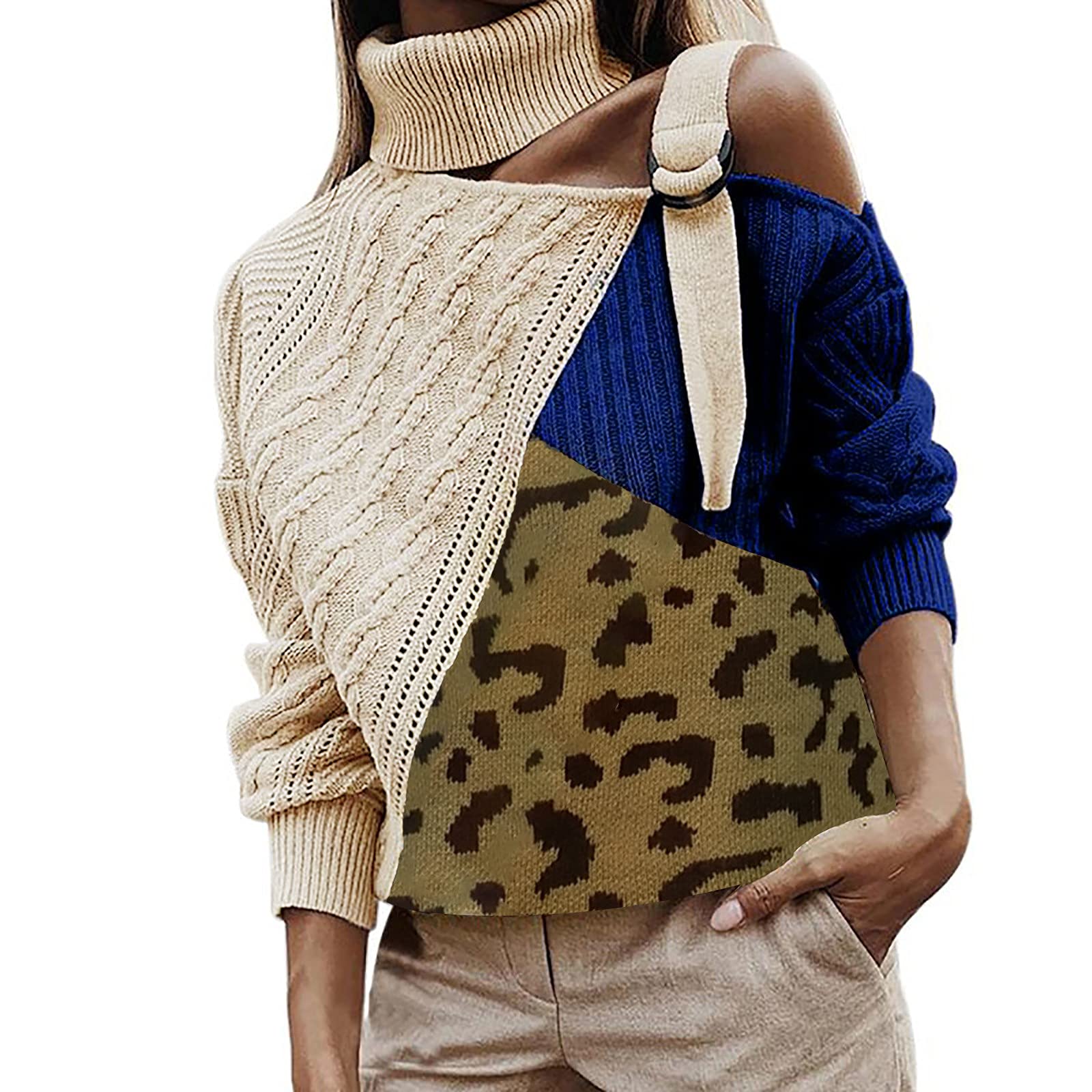 Women's Off Shoulder Turtleneck Sweater - Color Block Long Sleeve Knit Pullover Top | Casual Winter Fashion, Date Night Outfit, Office Wear & Holiday Style