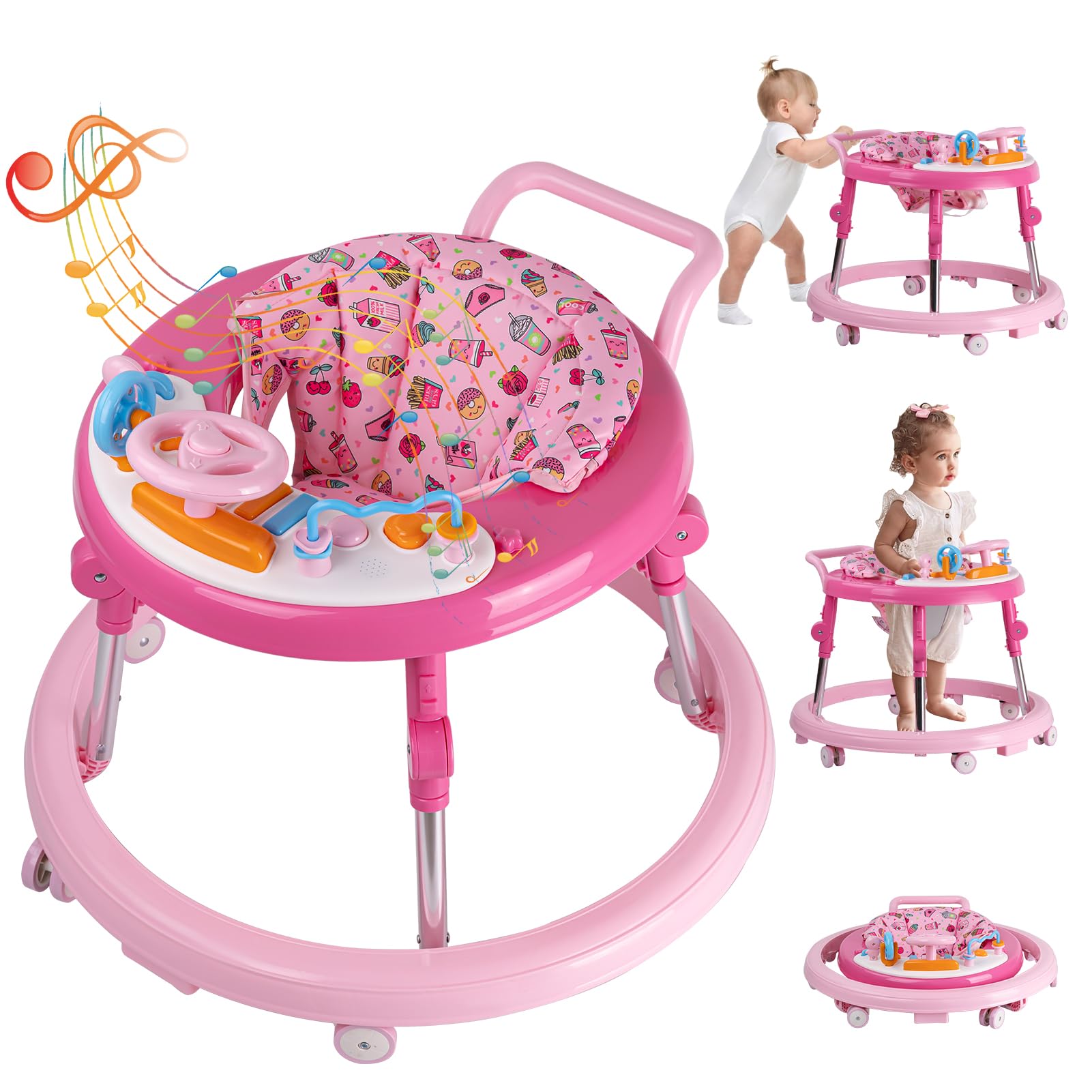 Foldable Baby Walker with Activity Center & Music - Adjustable Height (5 Levels) for Boys & Girls 6-18 Months - Includes Feeding Tray & Wheels - Perfect for Learning to Walk & Indoor Playtime
