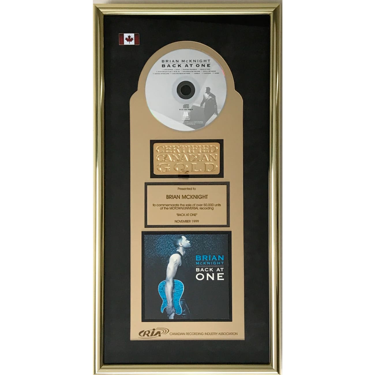 Brian McKnight 'Back At One' CRIA Gold Album Award - Rare Collectible Music Memorabilia for Fans & Collectors | Perfect for Display in Music Rooms, Studios, or as a Gift for R&B Enthusiasts