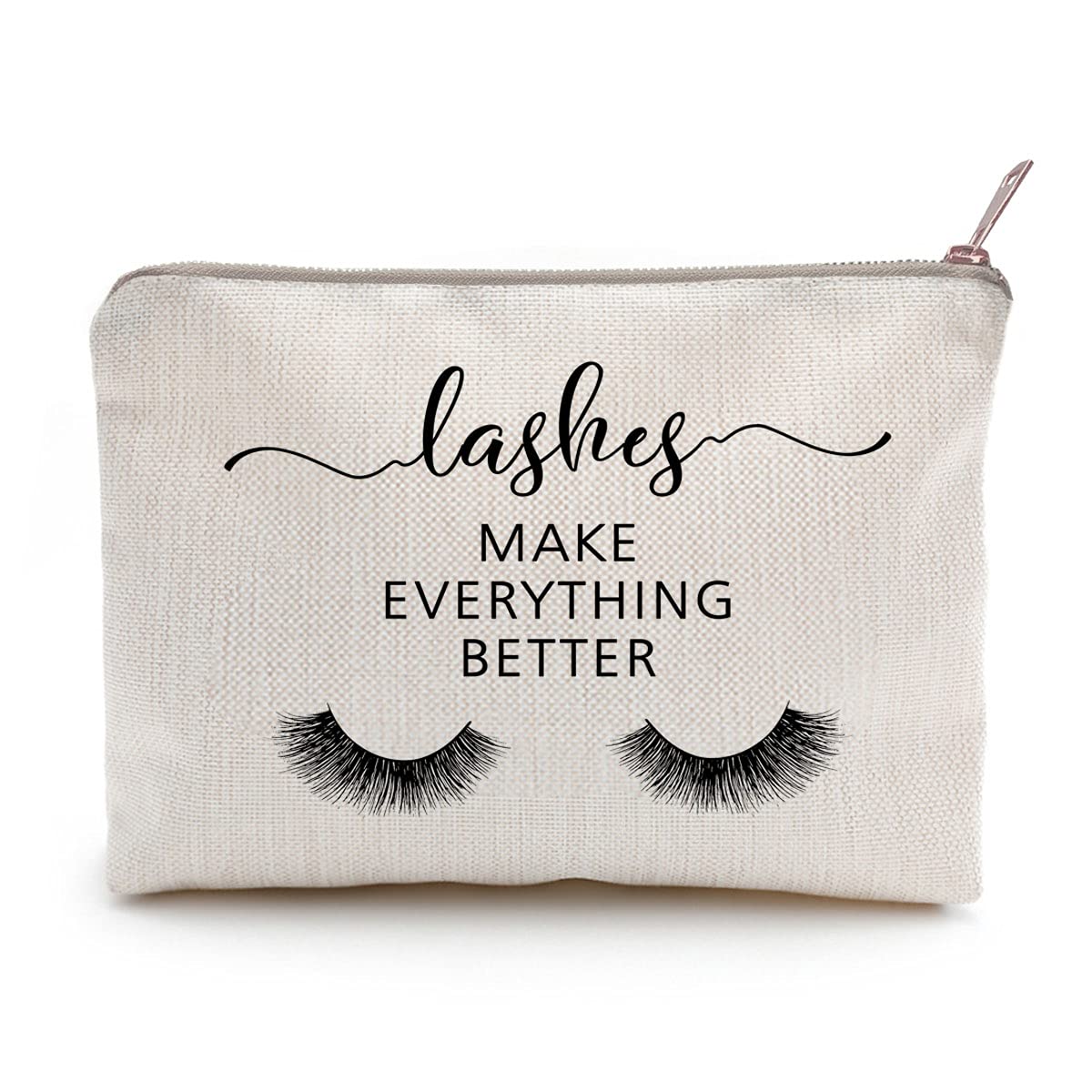 Cute Linen Makeup Bag - Lashes Make Everything Better Cosmetic Organizer | Travel Toiletry Pouch & Beauty Storage Case | Perfect Gift for Sisters, Lipstick Holder for Home & Travel Use