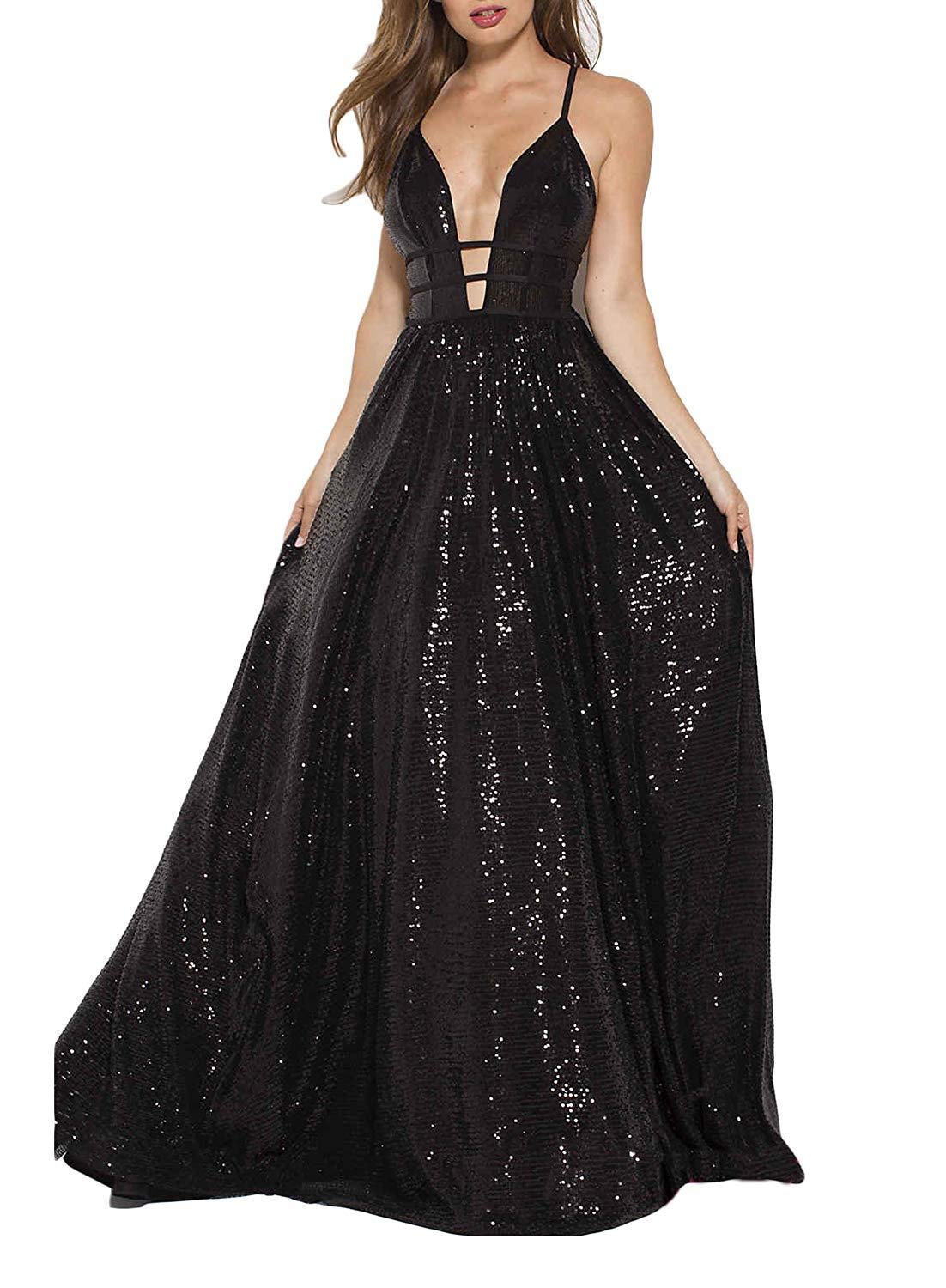 Vivian's Bridal Women's Spaghetti Strap Evening Dress with Sequins - Long Deep V Neck Sexy Prom Ball Gown VYR05 | Perfect for Prom, Homecoming, Cocktail Parties & Formal Events