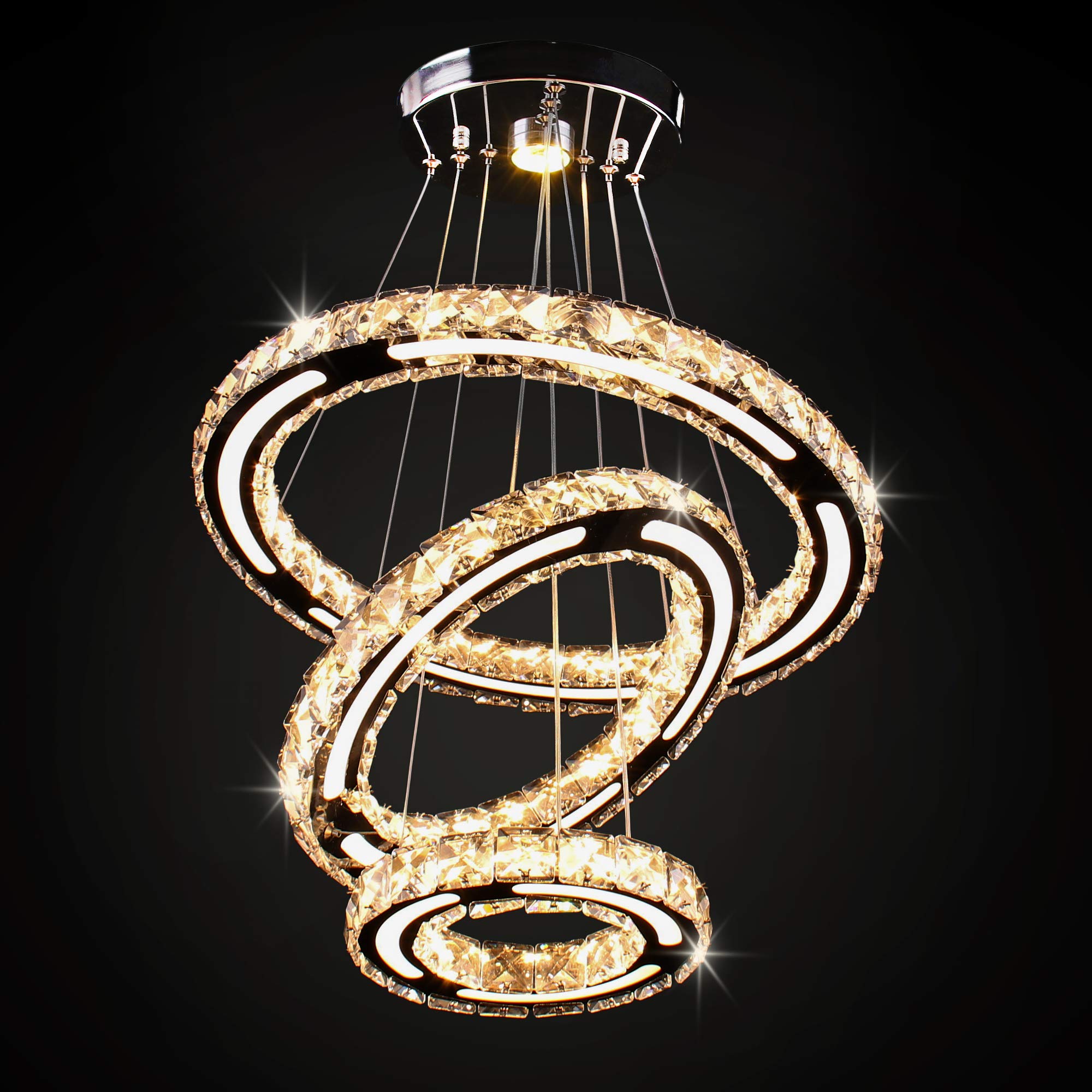 Modern Acrylic Crystal Chandelier - Adjustable 3-Ring LED Pendant Light with Stainless Steel Fixture for Dining Room, Bedroom & Living Room | Elegant Ceiling Lighting for Home Decor & Special Occasions