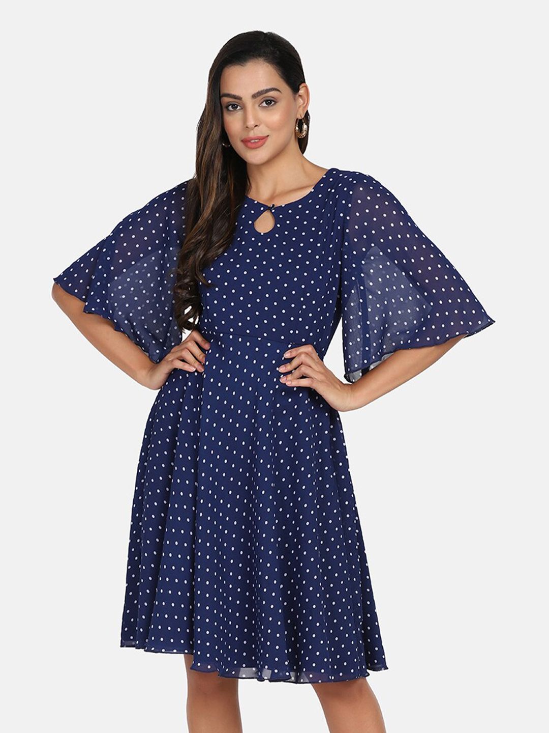 Polka Dot Flare Dress for Women - Royal Blue A-Line Swing Dress with Short Sleeves | Perfect for Summer Parties, Weddings & Casual Outings