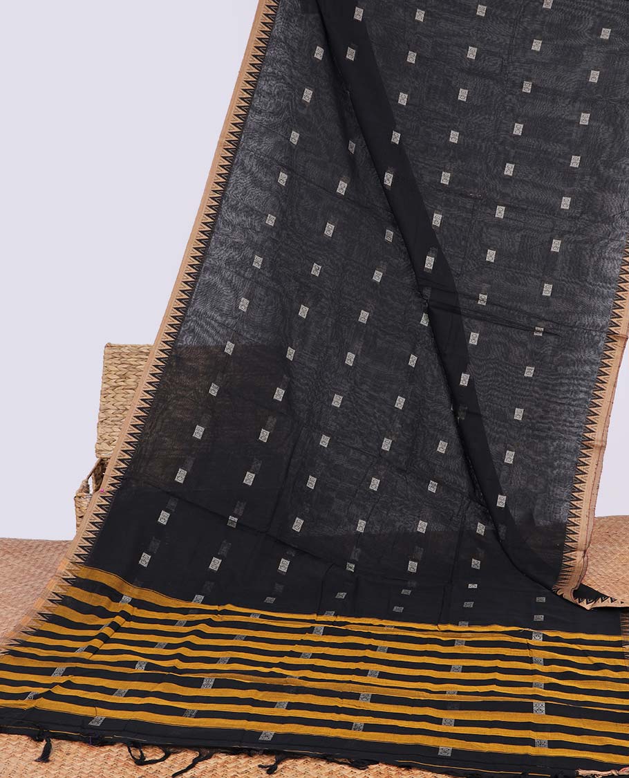 Stylish Black Geometric Print Narayanapet Cotton Saree with Contrast Temple Border & Striped Pallu | Perfect for Weddings, Festivals & Traditional Occasions