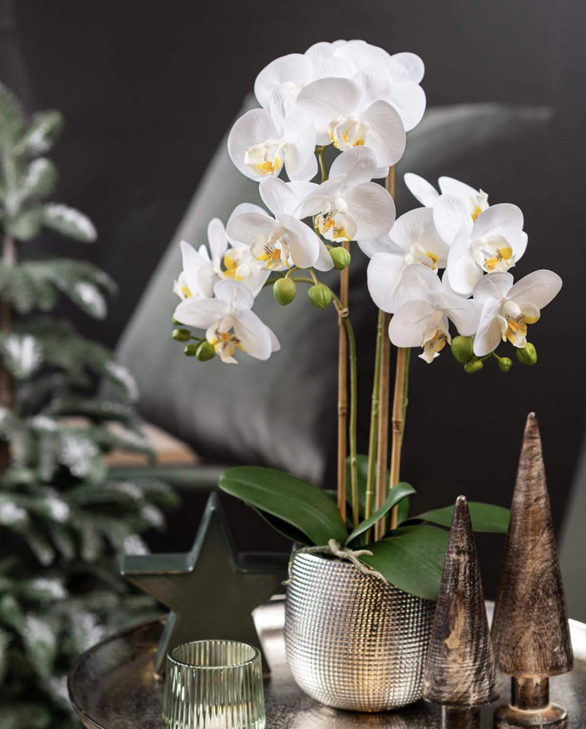 DAHLIA STUDIOS White Phalaenopsis Orchid Floral Arrangement in Silver Vase - Elegant Home Decor for Weddings, Dining Table Centerpiece & Office Decor