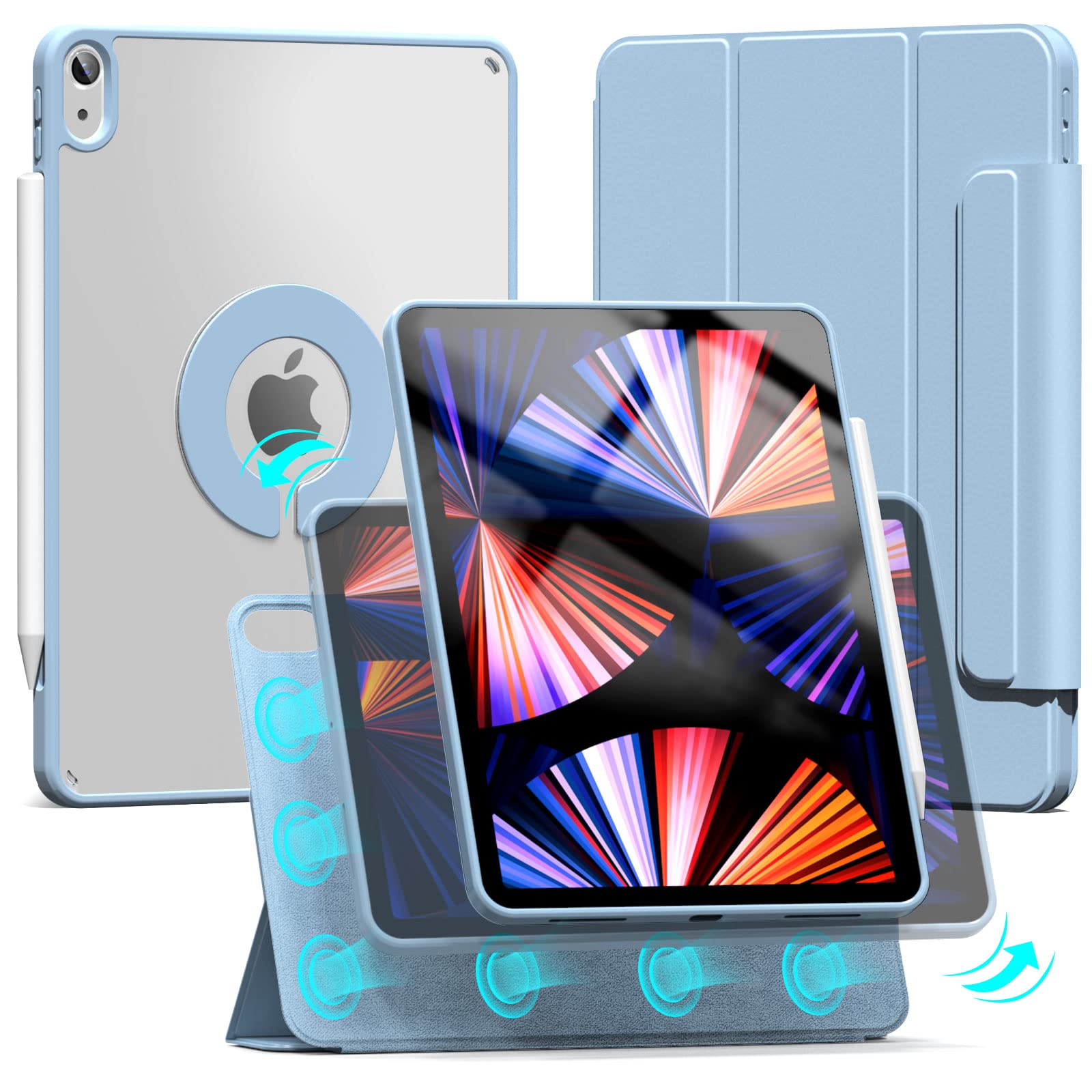 KenKe Magnetic Rotating Detachable Case for iPad Air 5th Gen (2022) & 4th Gen (2020) - Anti-Fingerprint Transparent Hard Back Cover with Auto Sleep/Wake - Perfect for Work, Travel & Home Use (Light Blue)