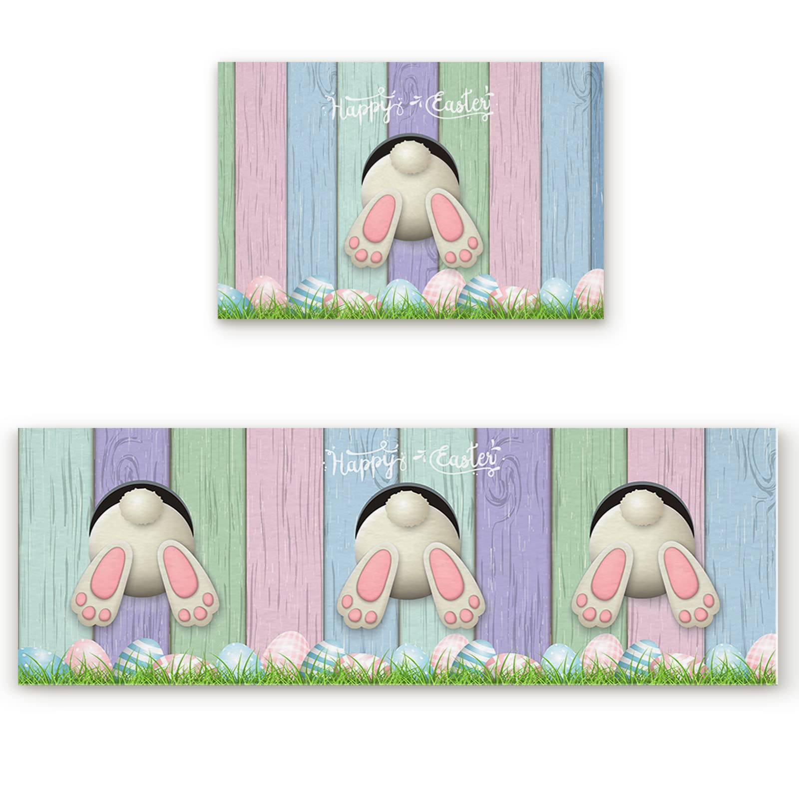 ARTSHOWING 2-Piece Easter Kitchen Rug Set - Anti-Fatigue Cushioned Non-Slip Mats with Funny Bunny & Egg Design, Wood Grain Pattern - Perfect for Spring Decor, Standing Comfort in Kitchen & Entryway