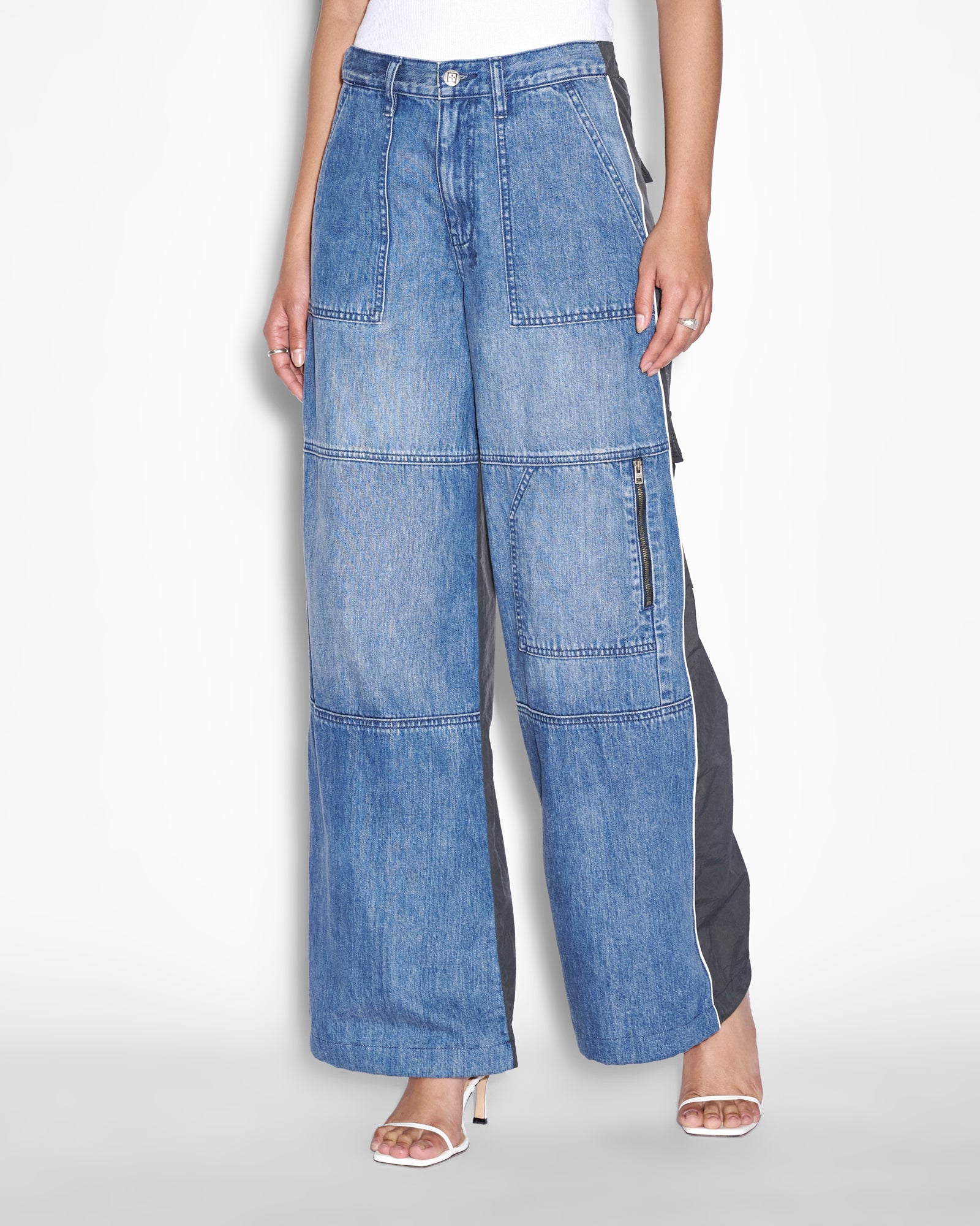 Stylish Baggy Jeans with Nylon Splice Detail - Trendy High Waist Loose Fit Denim Pants for Women - Perfect for Casual Outings, Streetwear, and Everyday Comfort