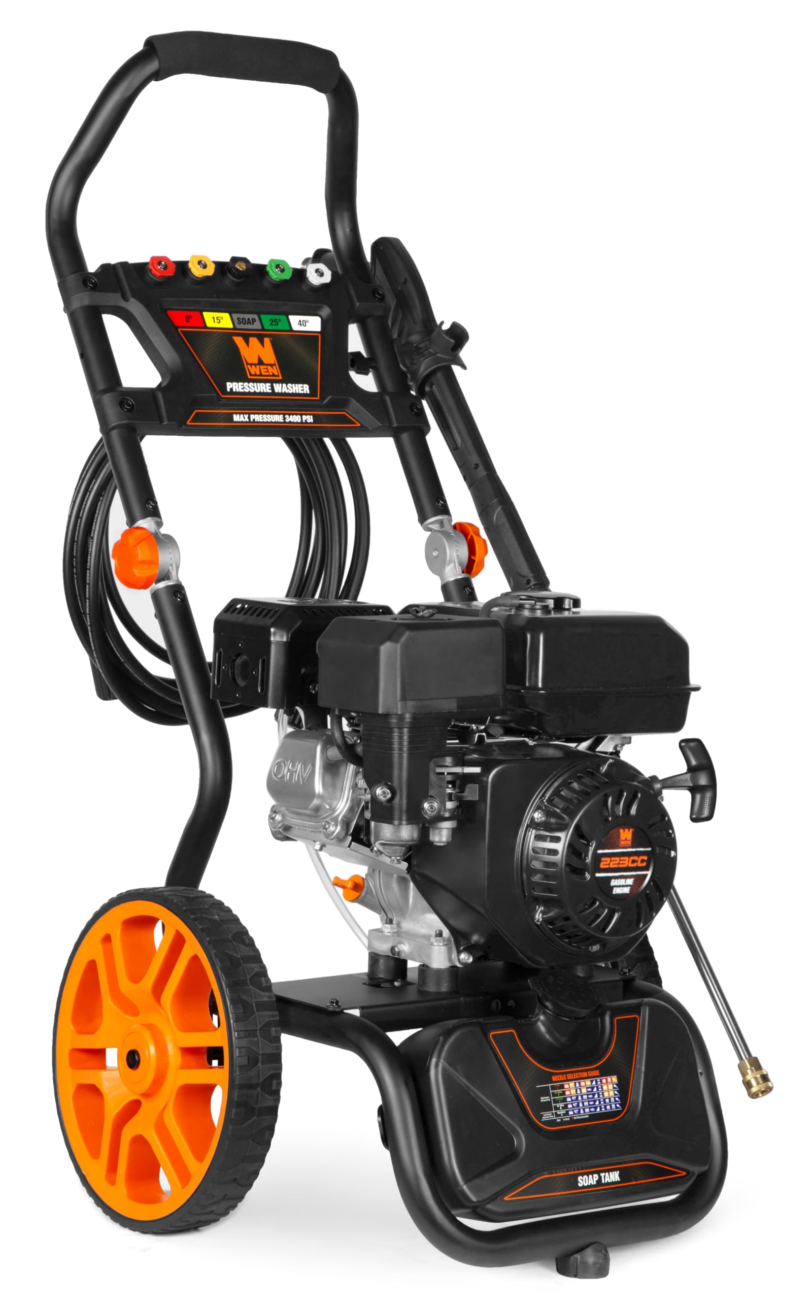 WEN 3400 PSI Gas Pressure Washer with 223cc Engine | 2.7 GPM Flow Rate & Onboard Soap Tank (PW224G) | Ideal for Driveway Cleaning, Deck Washing & Home Exterior Maintenance