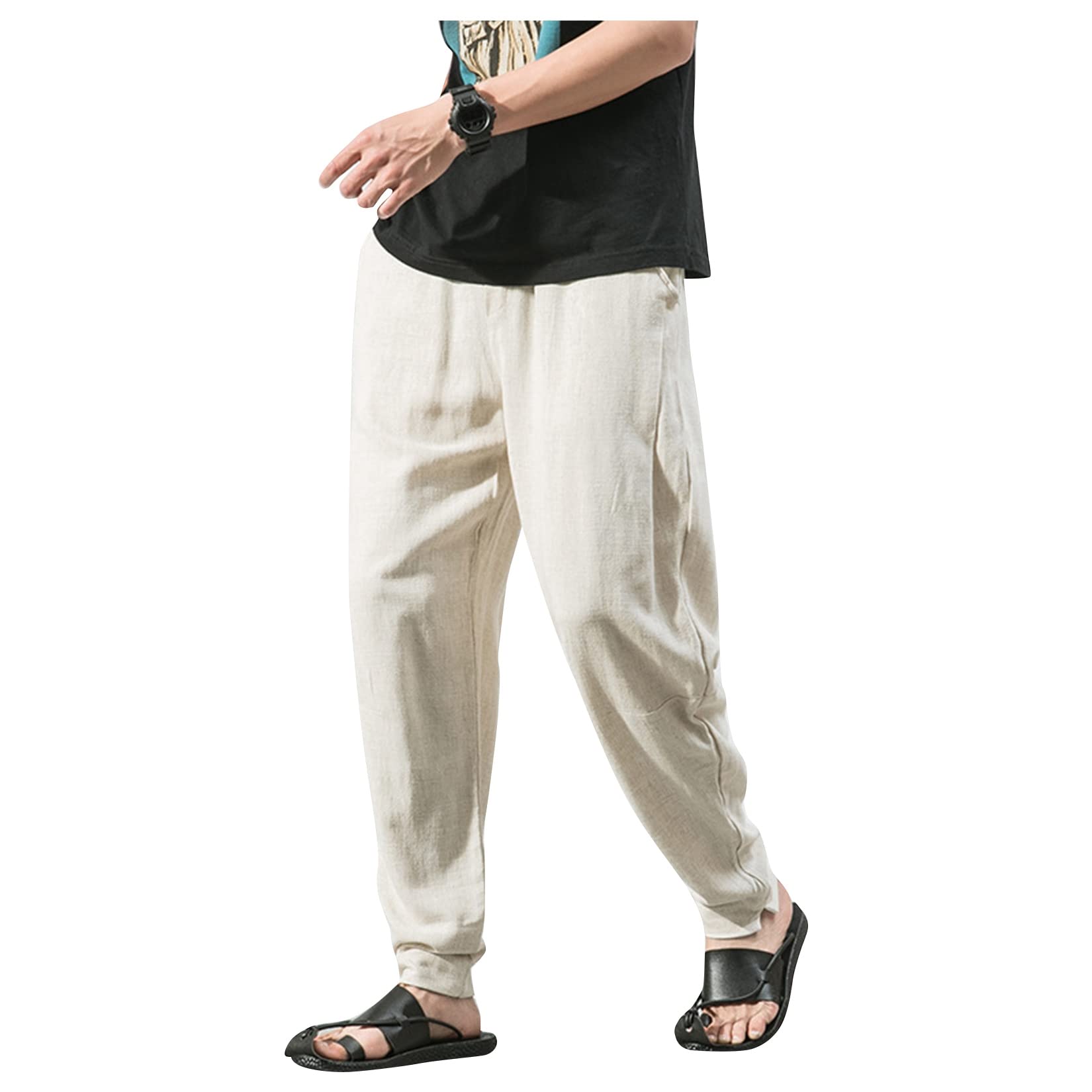 UNeedVog Men's Linen Tapered Pants - Breathable Loose Fit Harem Yoga Pants with Elastic Waistband | Summer Beachwear, Casual Lounge & Travel Trousers