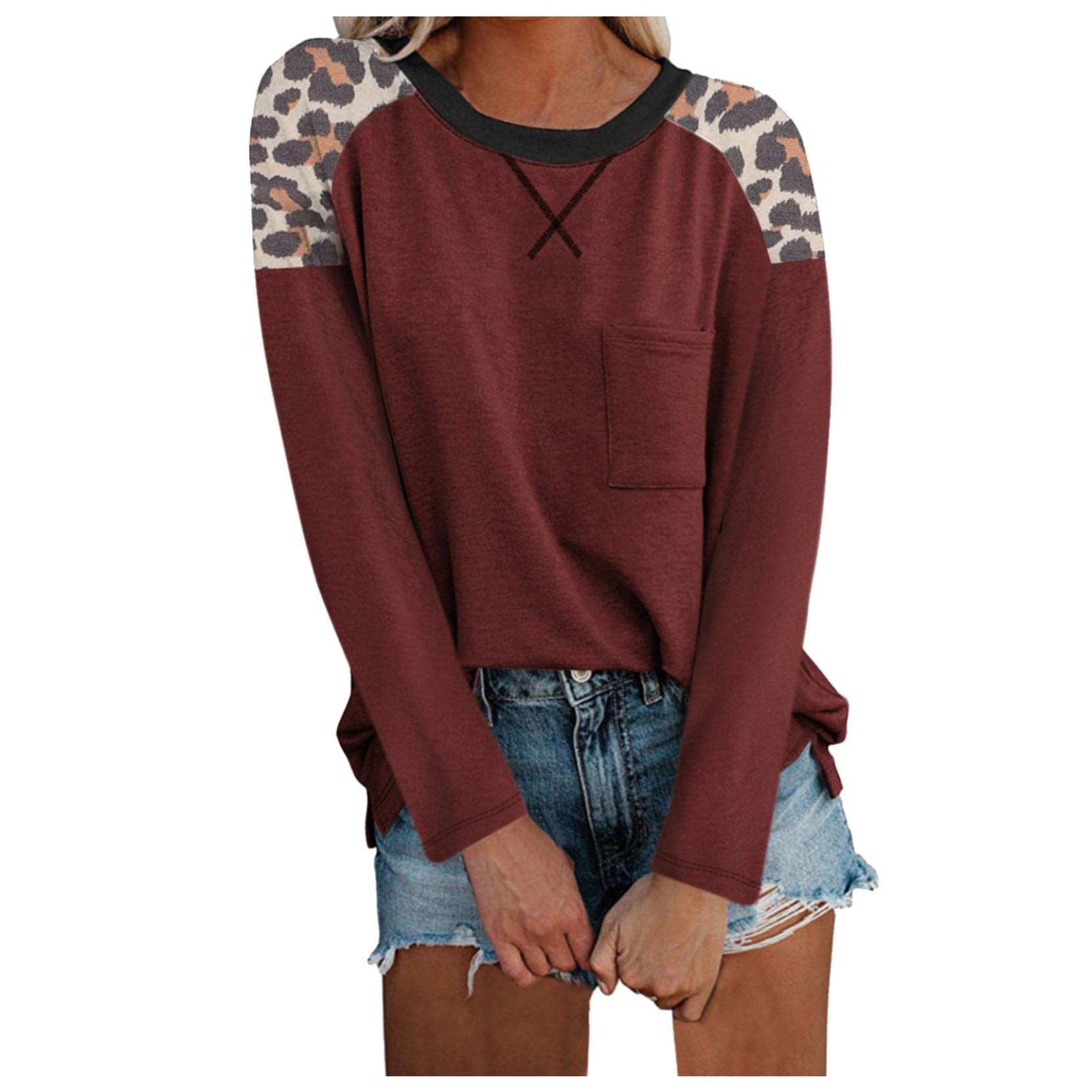Plus Size Women's Leopard Print Long Sleeve Crewneck Tunic Top - Stylish Color Block Blouse for Casual Wear, Office & Date Night Outfits