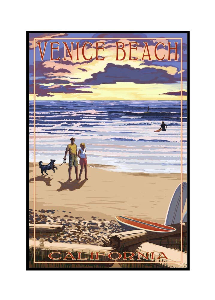 Venice Beach California Sunset Art - 24x36 Framed Canvas Wall Decor for Living Room, Bedroom & Office