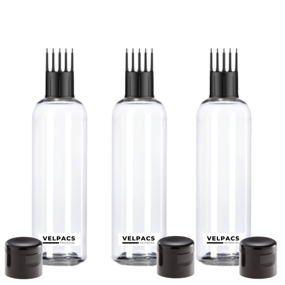 VELPACS 200ml Empty Plastic Bottle for Hair Oil, Rosemary Tea, Hair Color & Shampoo | Travel-Friendly Hair Root Applicator with Comb Head | Perfect for DIY Hair Treatments & On-the-Go Use (Pack of 3)