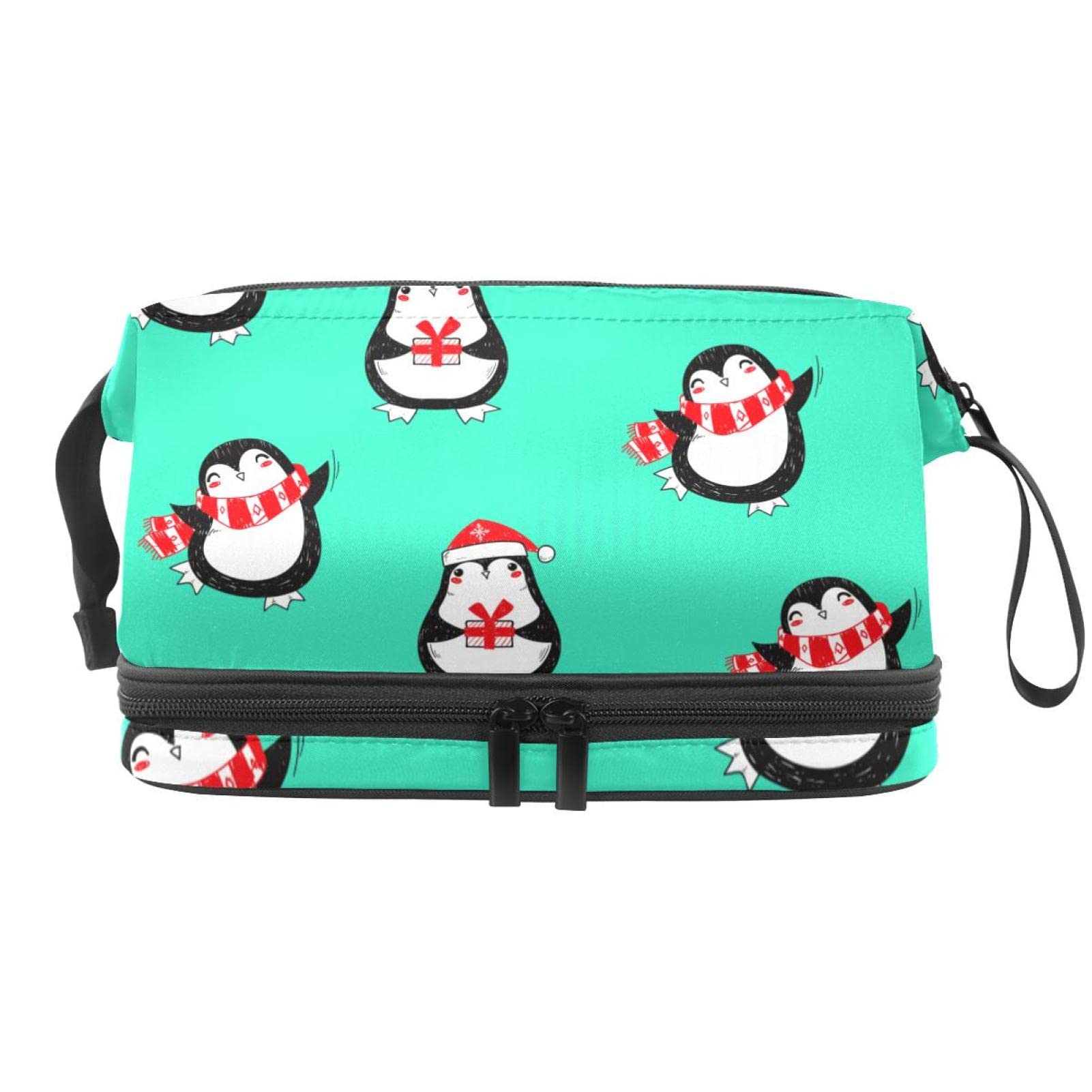 Double Layer Travel Makeup Bag with Brush Compartment - Large Cosmetic Organizer & Toiletry Pouch for Women | Perfect for Vacation, Gym, and Daily Use - Cute Penguin Christmas Gift