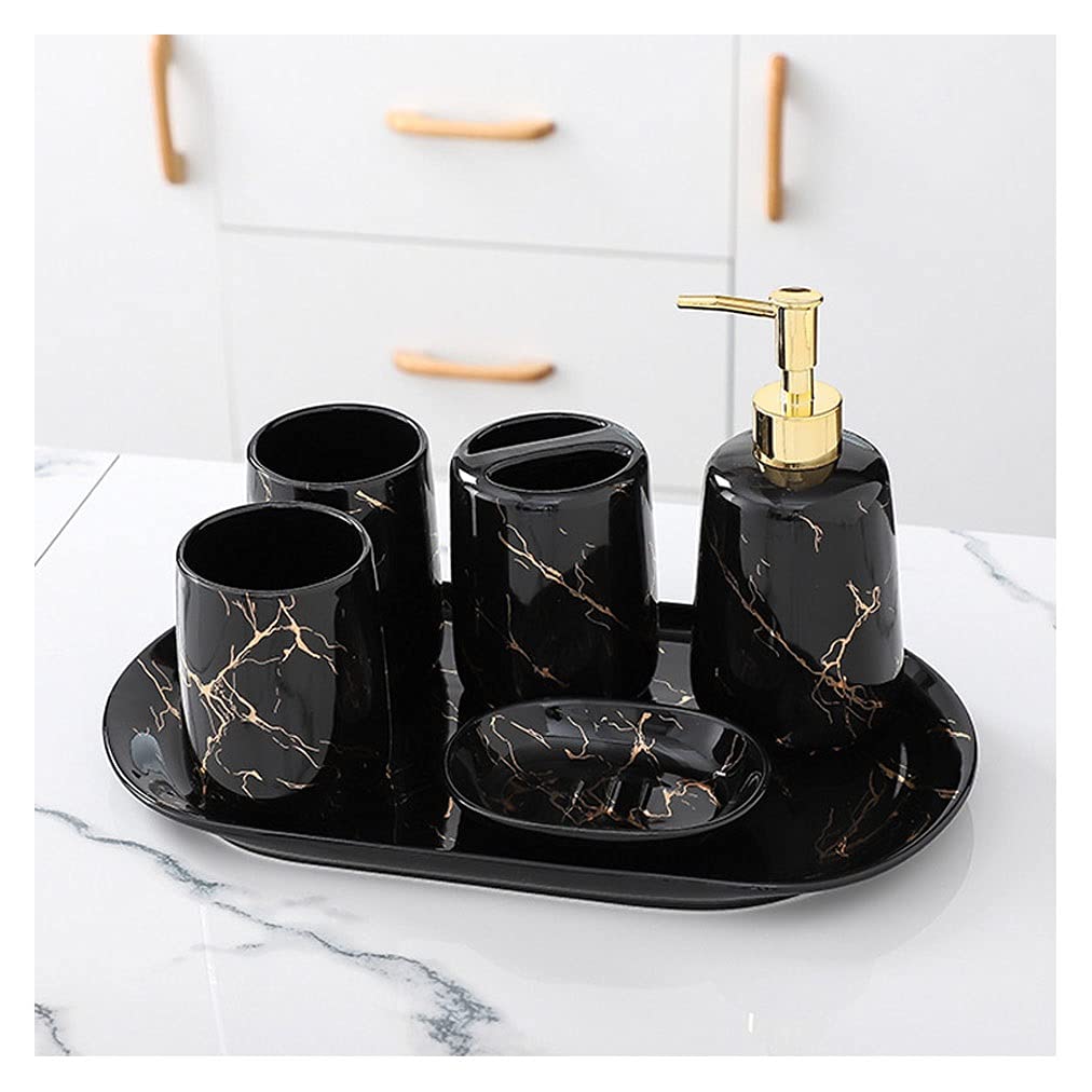 6-Piece Ceramic Soap Dispenser Set for Bathroom & Hotel - Includes Pump Dispenser, Toothbrush Holder, Tumbler, Soap Dish & Tray - Elegant Black Bathroom Accessories for Home, Spa & Restroom Decor