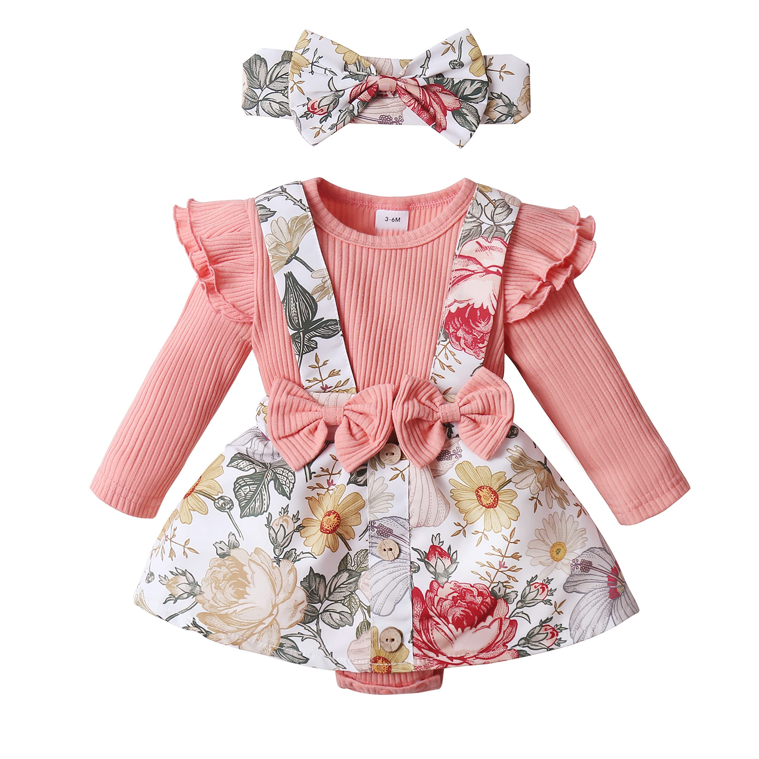 Floral Baby Girl Romper Dress with Ruffle Sleeves & Headband - Newborn Infant Jumpsuit Outfit for Spring & Summer - Perfect for Photoshoots, Parties & Daily Wear