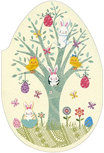 Easter Greeting Cards - Tree of Bunnies and Chicks Die-Cut Egg Shape Pictura Card for Spring Celebrations, Baby Showers & Holiday Gifts