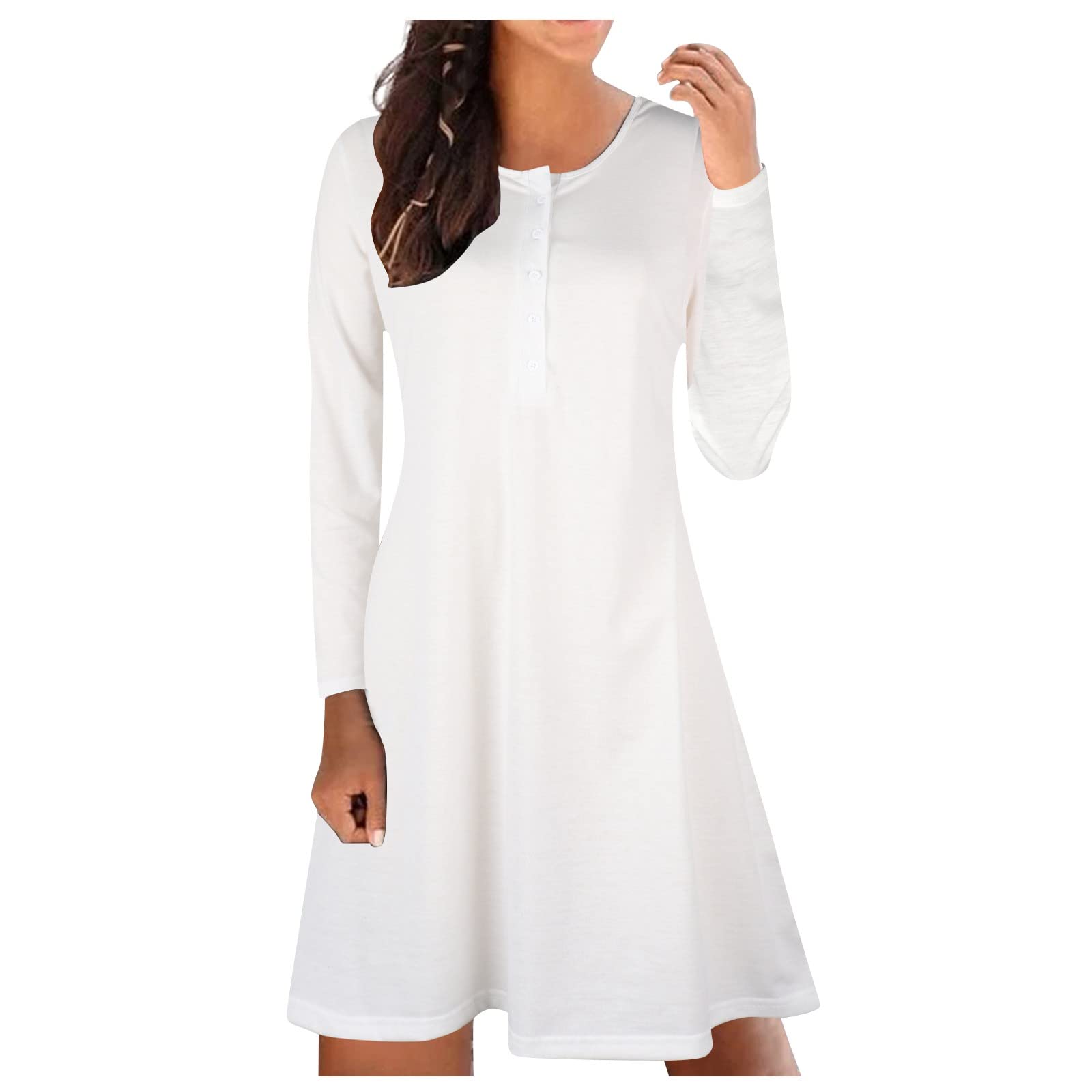 Plus Size Women's Solid Color Slim Fit Round Neck Button Long Sleeve Dress - Elegant Beach Sundress for Casual Outings, Vacations & Summer Wear