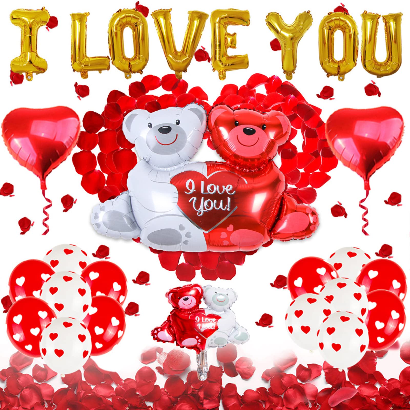 Romantic I Love You Balloons Set - 1000 Red Rose Petals & Heart Balloons for Valentine's Day, Wedding, Anniversary & Birthday Decor - Perfect for Romantic Nights, Proposals & Special Events