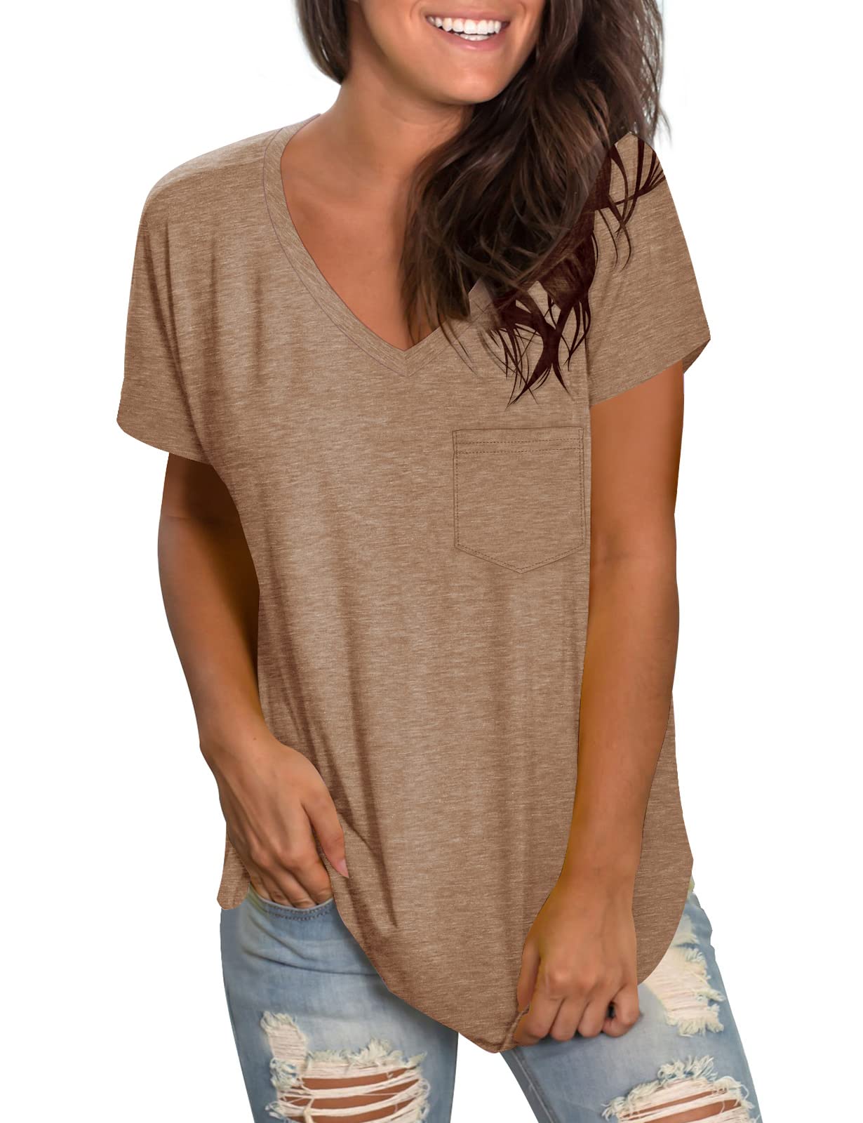 WEESO Women's V-Neck Short Sleeve T-Shirt with Pocket - Drop Tail Hem Relaxed Fit Casual Tee for Everyday Wear, Work & Weekend Outings