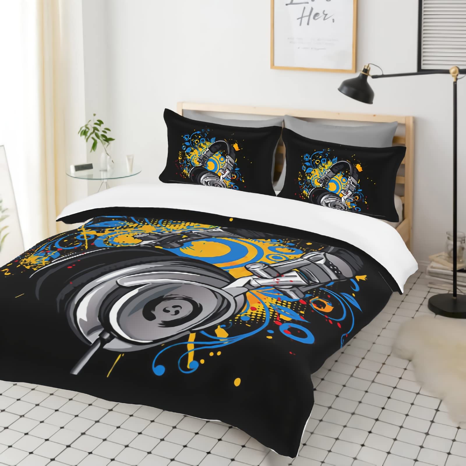 GREDBH Music Themed Headphone Duvet Cover Set for Kids, Teens & Adults - Twin Size Bedding with 1 Quilt Cover & 2 Pillowcases (No Comforter) - Perfect for Boys' Room Decor, Teen Bedroom & Music Lover Gifts
