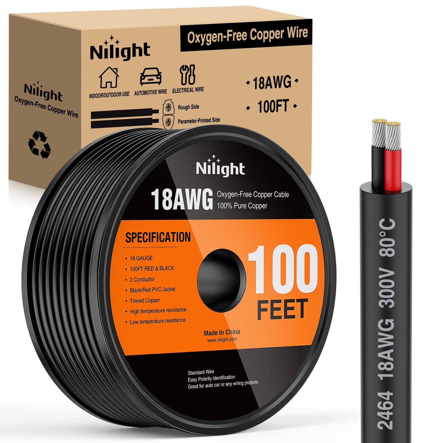 100FT 18AWG Oxygen Free Copper Wire - Red & Black Stranded PVC Electrical Cord - 2 Conductor Parallel 300V DC Flexible Extension Cable for Home Appliances, DIY Projects, and Electronics Repair