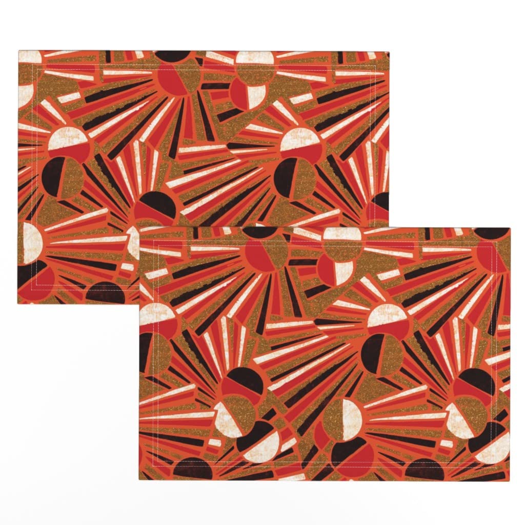 Linen Cotton Canvas Placemats Set of 2 - Orange Gold Sunburst Art Deco Abstract Circles Print Table Mats for Dining Room Decor, Kitchen Table Setting, Party Dinnerware