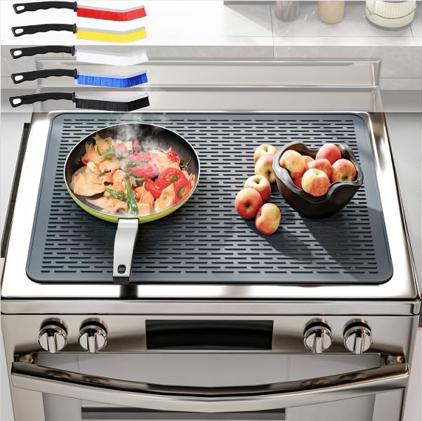 Silicone Electric Stove Top Cover - 28 x 20 Inch Extra Large Glass Cooktop Protector & Dish Drying Mat with 5 Hard Bristle Crevice Cleaning Brushes - Perfect for Kitchen Counter Protection & Spill Prevention