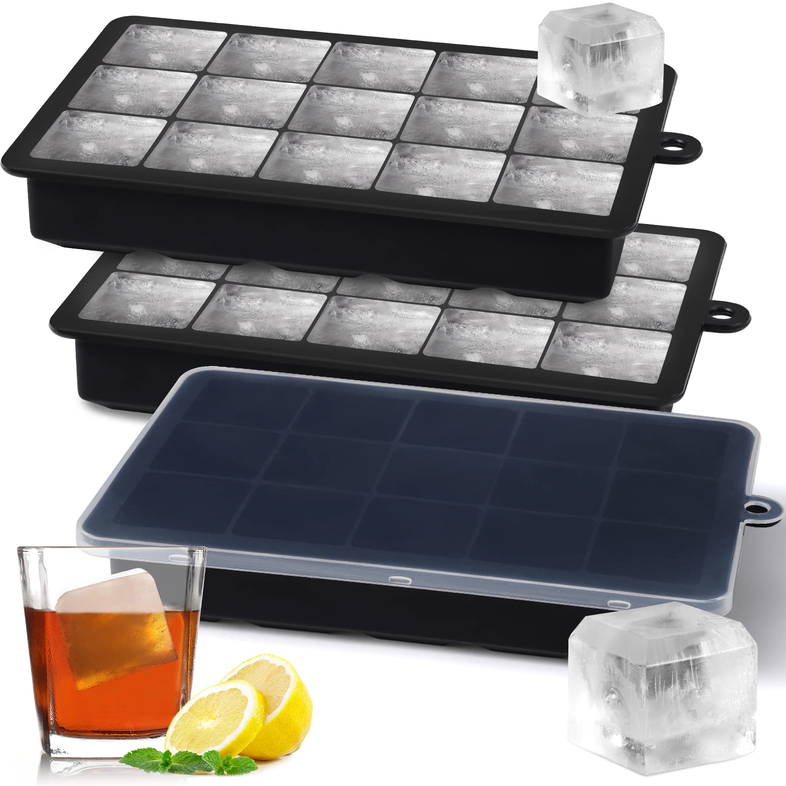Sinnsally 3-Pack Silicone Ice Cube Trays with Lid - 15 Square Ice Molds for Whiskey, Cocktails & Beverages | BPA-Free, Easy Release Freezer Containers | Perfect for Home Bars, Parties & Everyday Use