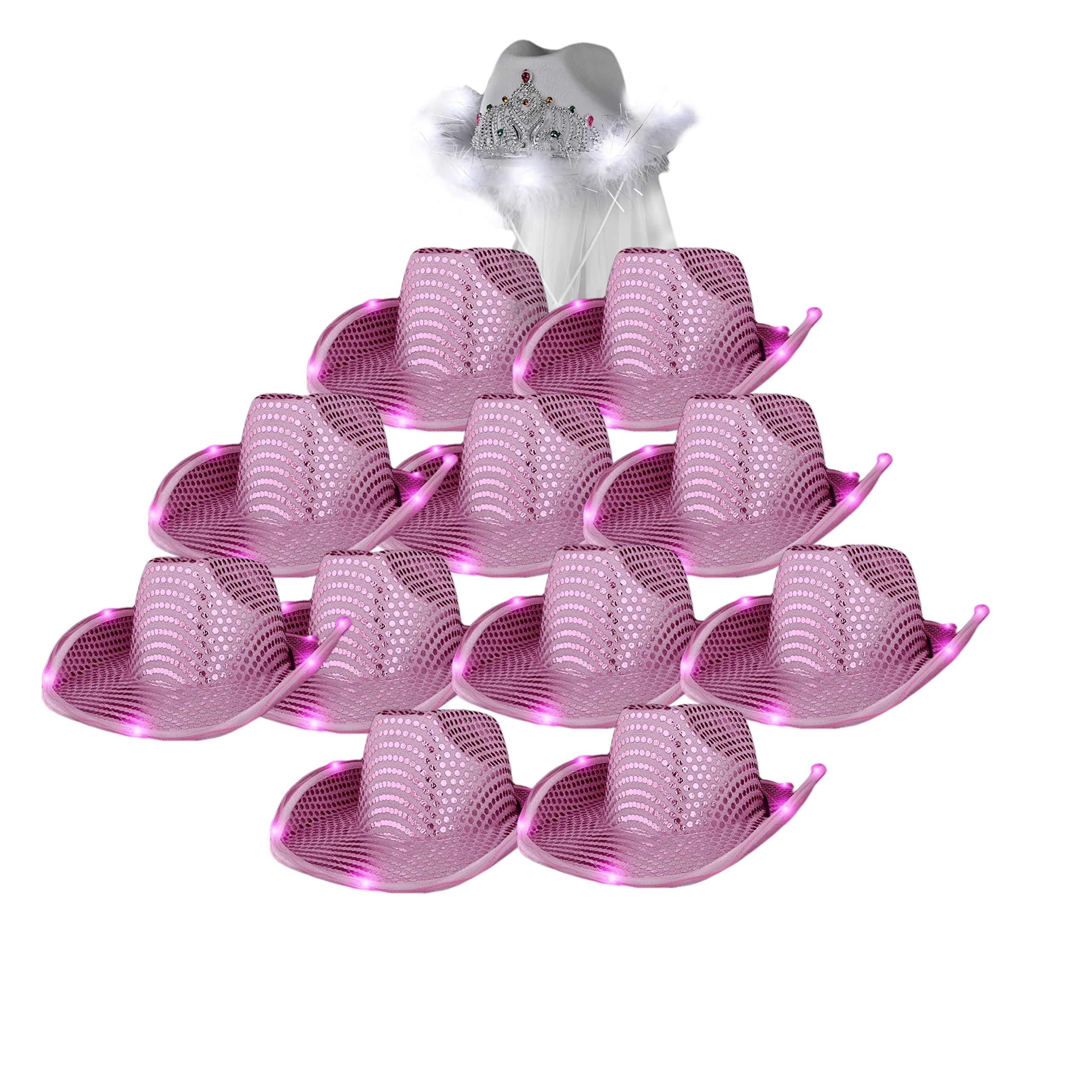 Blinkee Pack of 12 Pink Sequin Cowboy Hats & White LED Tiaras - Bachelorette Party Cowgirl Hats with Veil for Bridal Showers, Birthday Celebrations & Western Theme Events
