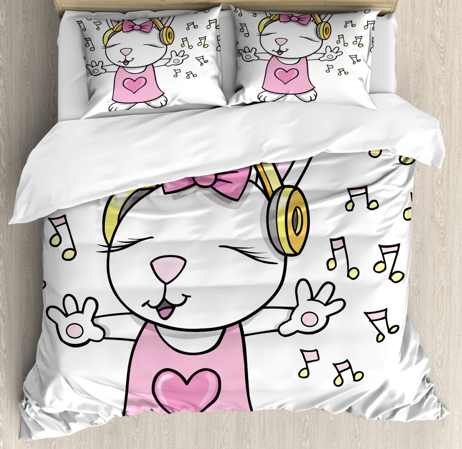 Ambesonne Bunny Duvet Cover Set - Rock Star Rabbit with Music Notes, Humor Heart Cartoon Design, 3 Piece Bedding Set with 2 Pillow Shams, California King, Pale Pink & Yellow - Perfect for Kids' Rooms & Themed Bedrooms