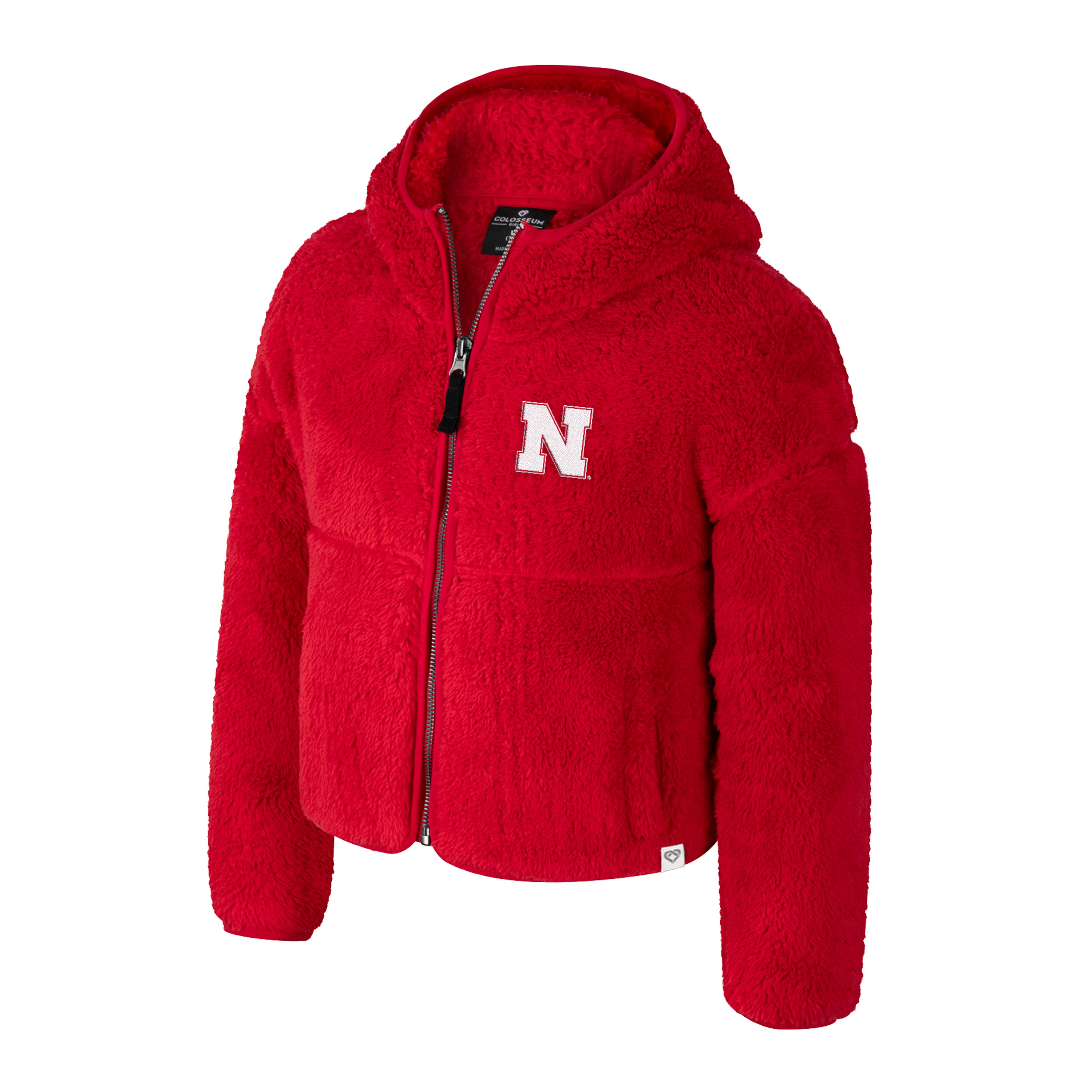 Girls' Nebraska Huskers Youth Maggie Fur Sherpa Jacket - Warm Winter Coat for Kids, Soft Fleece Lined Hoodie - Perfect for Football Games, School & Outdoor Activities