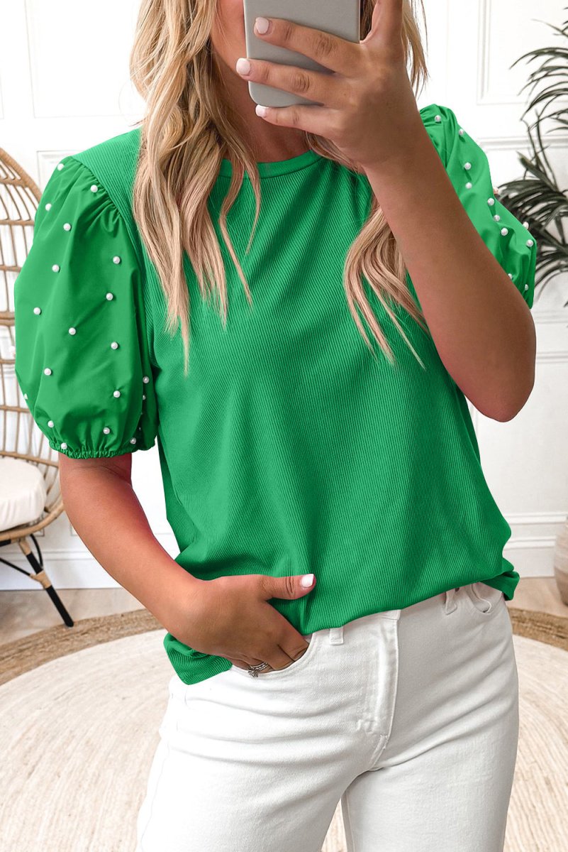Bright Green Ribbed Pearl Beaded Puff Sleeve Blouse for Women - Elegant Party Wear & Evening Outfit for Special Occasions