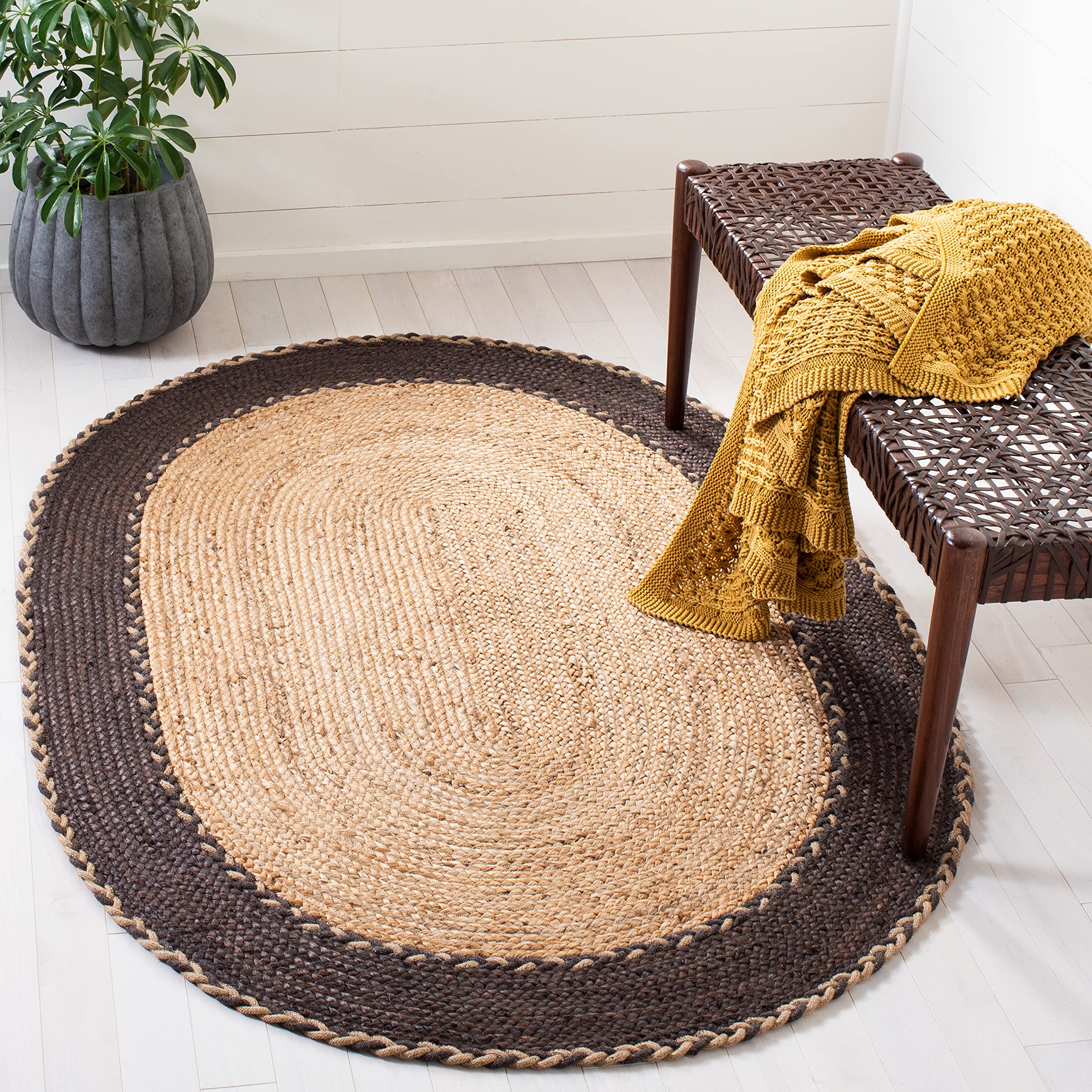 SAFAVIEH Handmade Jute Area Rug 7' x 9' Oval - Natural & Brown Natural Fiber Collection (NFB261T) | Non-Slip, Durable Floor Covering for High Traffic Living Room, Bedroom, Dining Area & Home Office