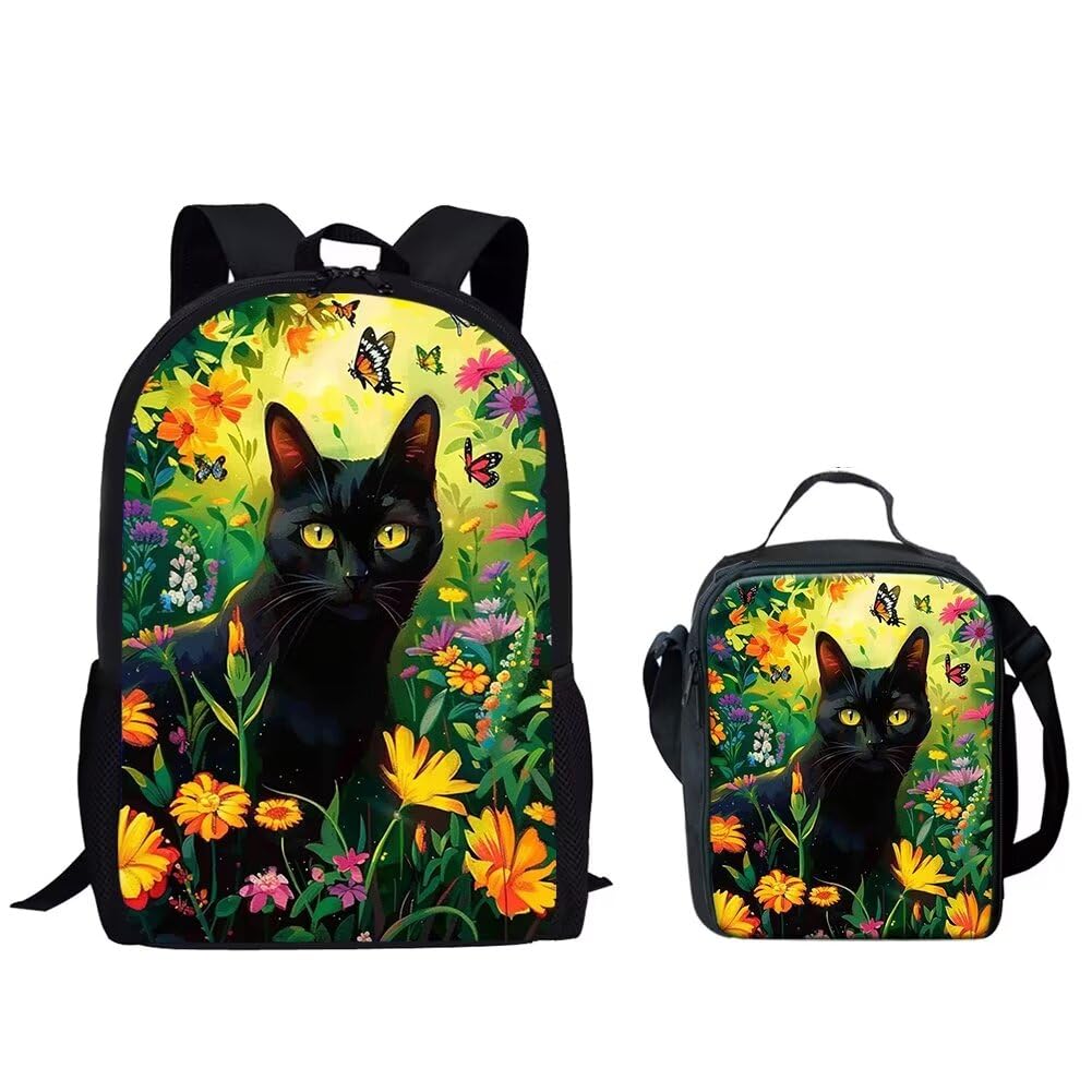 HUGS IDEA Black Cat Floral Print Kids Backpack Set - Shoulder Bag & Insulated Lunch Tote for Girls, School, Travel & Daily Use