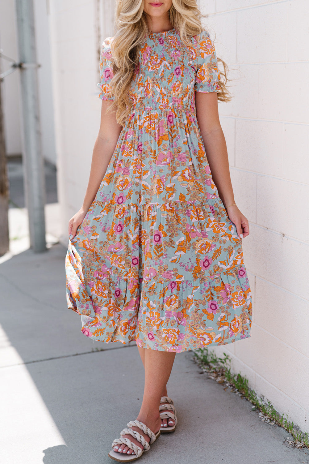 Floral Flounce Sleeve Round Neck Midi Dress - Elegant Spring Summer Casual Dress for Women, Perfect for Garden Parties, Date Nights & Brunch Outings