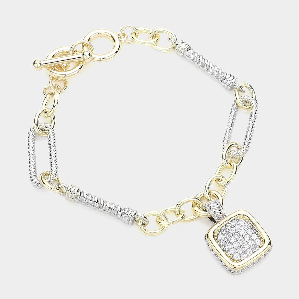 14K Gold Plated Two Tone CZ Square Charm Toggle Bracelet for Women - Elegant Cubic Zirconia Jewelry Gift for Birthday, Anniversary & Special Occasions