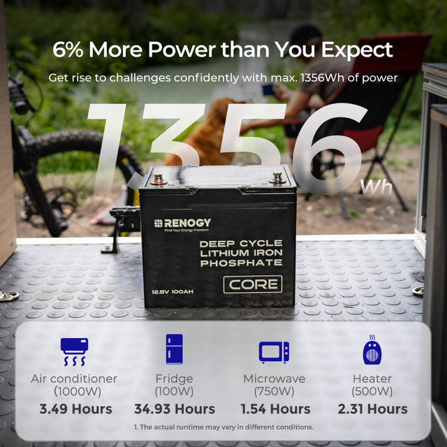 Renogy 12V 100Ah Deep Cycle LiFePO4 Lithium Iron Phosphate Battery for RV, Solar, Marine & Off-Grid Power Systems - Reliable Energy Storage Solution