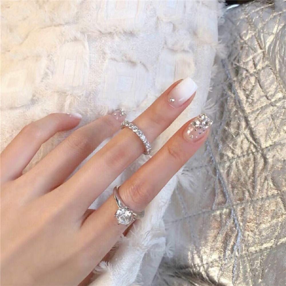 Aimimier 24Pcs Short Square False Nails with Rhinestone White Ombre - Press on Nails with Glue & Stickers - Salon Quality Acrylic Fake Nails for Women & Girls - Perfect for Parties, Weddings & Special Occasions