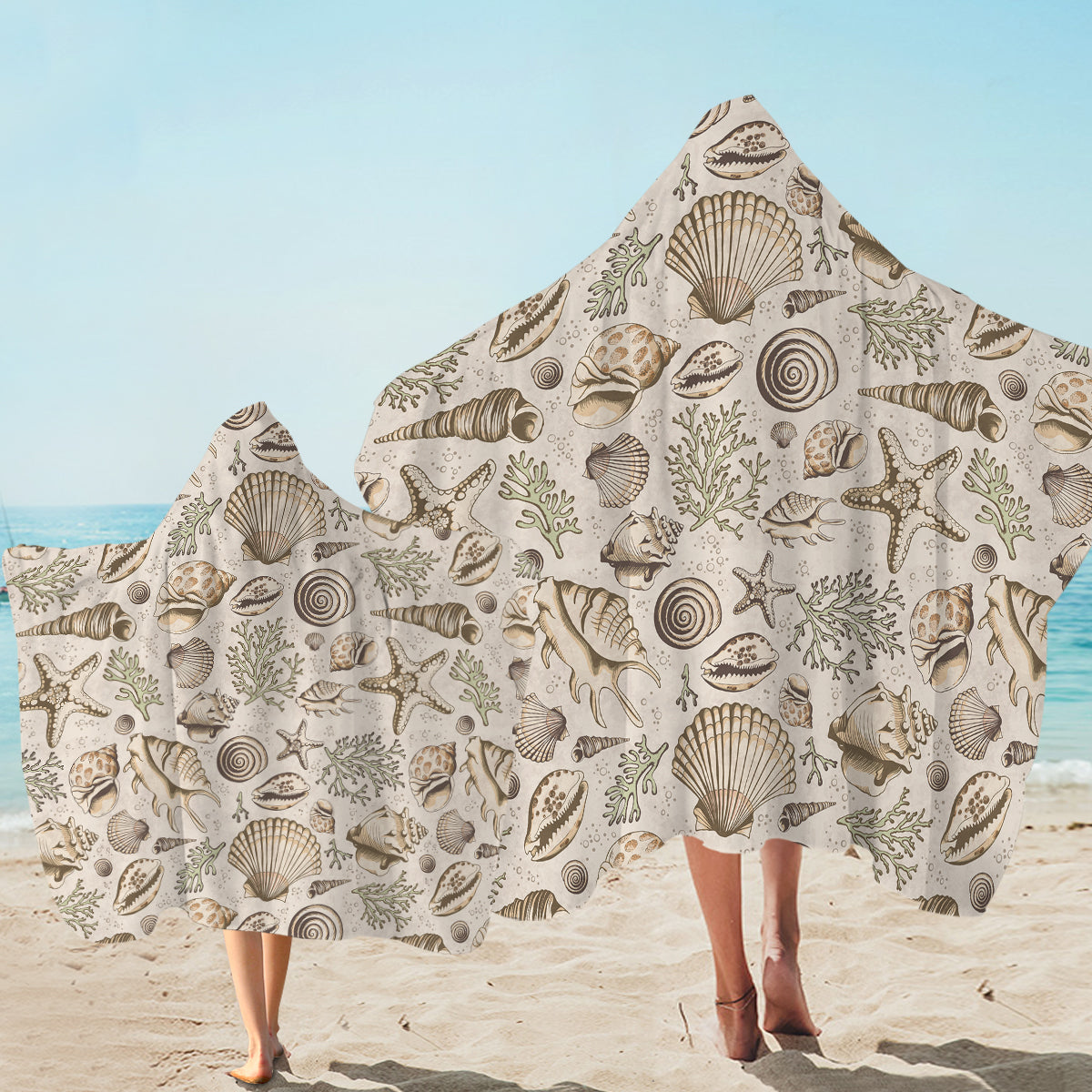 Soft Brown Seashell Print Hooded Bath Towel for Kids - Beach, Pool & Spa Use - Baby Shower Gift & Toddler Swim Wrap