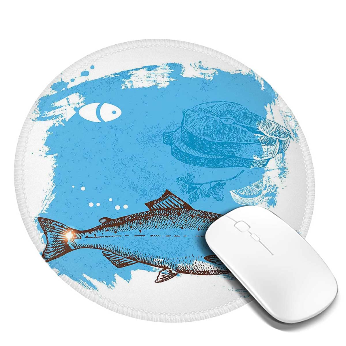 Non-Slip Round Mouse Pad with Rubber Base for Laptop & Computer - Personalized Small Mousepad with Fish & Fresh Meat Sketch Design for Women (7.9x7.9x0.12 inches) - Perfect for Office, Gaming & Home Workspace