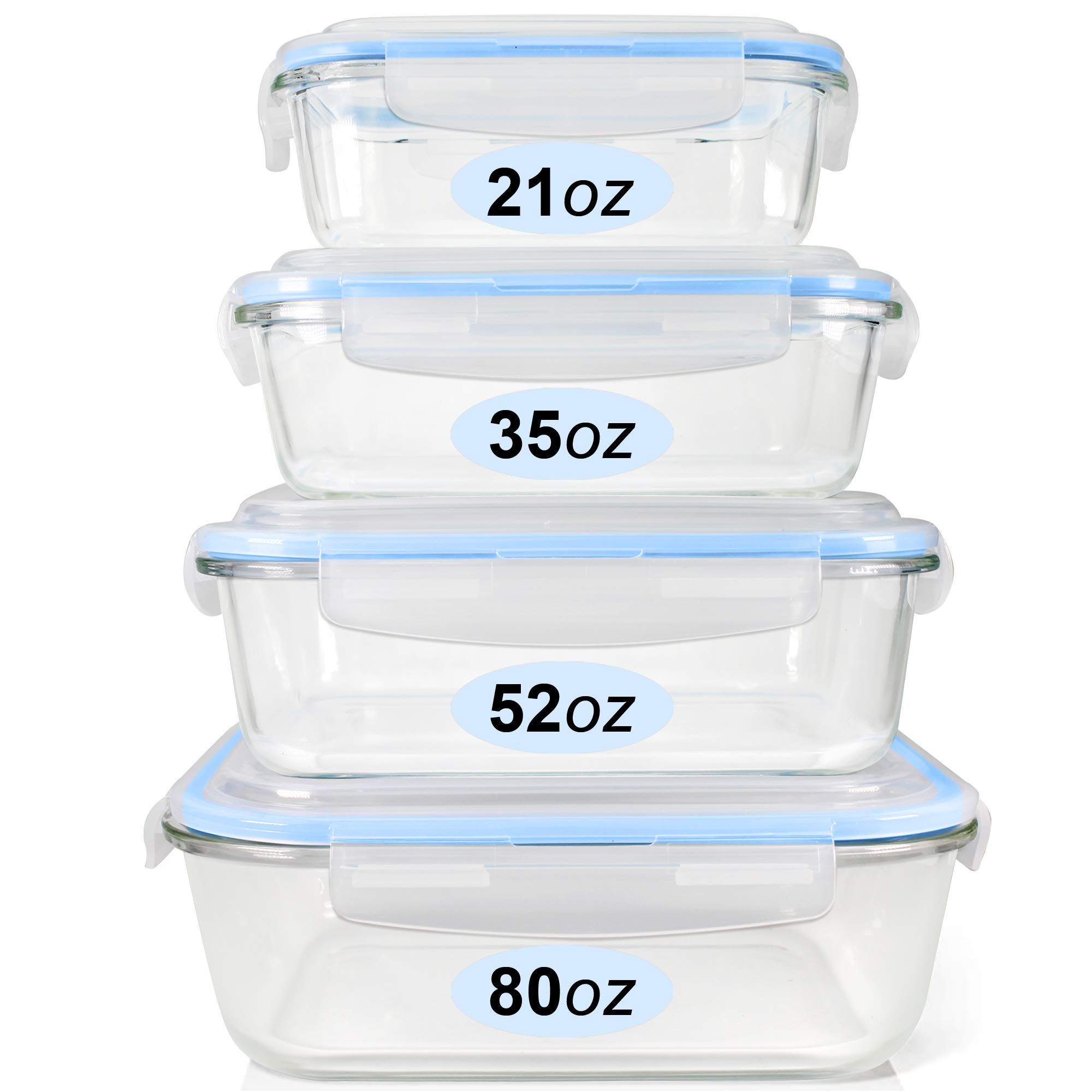 Premium Glass Food Storage Containers Set - 4-Piece BPA-Free Airtight Containers with Locking Lids (80oz, 52oz, 35oz, 21oz) | 100% Leakproof | Freezer to Oven Safe | Ideal for Meal Prep, Leftovers & Food Organization