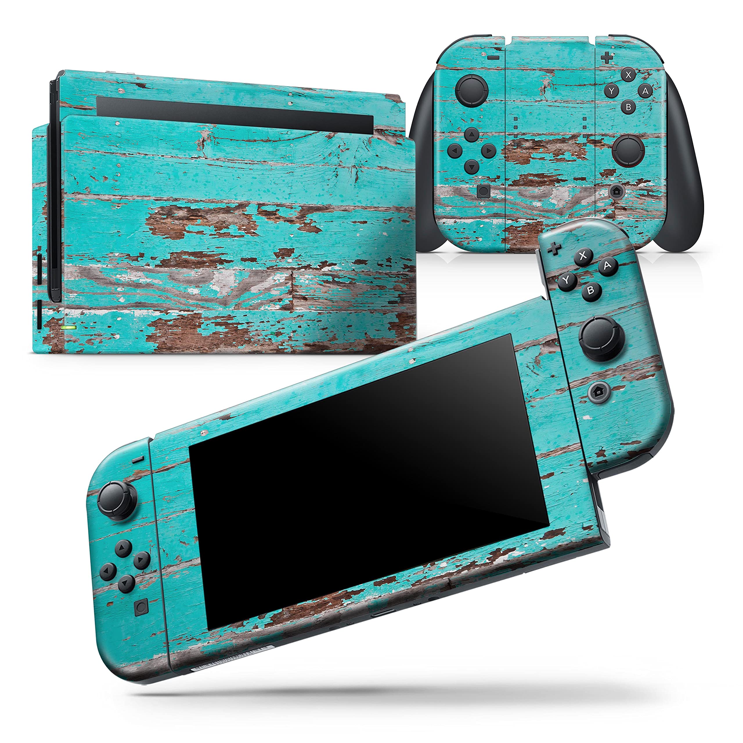 Nintendo Switch OLED Console & Joy-Con Compatible Skin Decal - Scratch-Resistant Removable Vinyl Wrap Cover - Turquoise Chipped Paint Wood Design | Perfect for Gaming Protection & Personalization