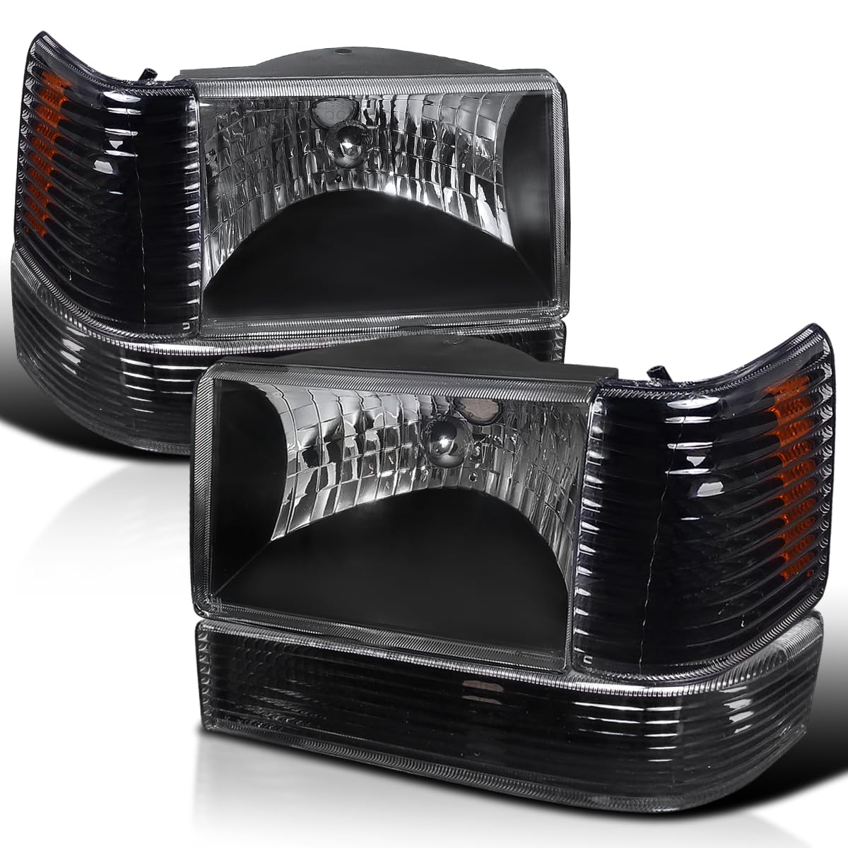 Spec-D Tuning Black Housing Clear Lens Headlights + Bumper Lights + Corner Lamps for 1993-1996 Jeep Grand Cherokee - Left & Right Pair Headlight Assembly - Off-Road & Night Driving Upgrade