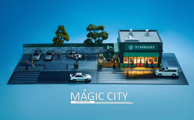 1:64 Scale Coffee Shop & Parking Lot Diorama Set - Miniature Building Model for Diecast Cars, Perfect for Toy Car Display, City Scenes & Collectors (Magic City Series)