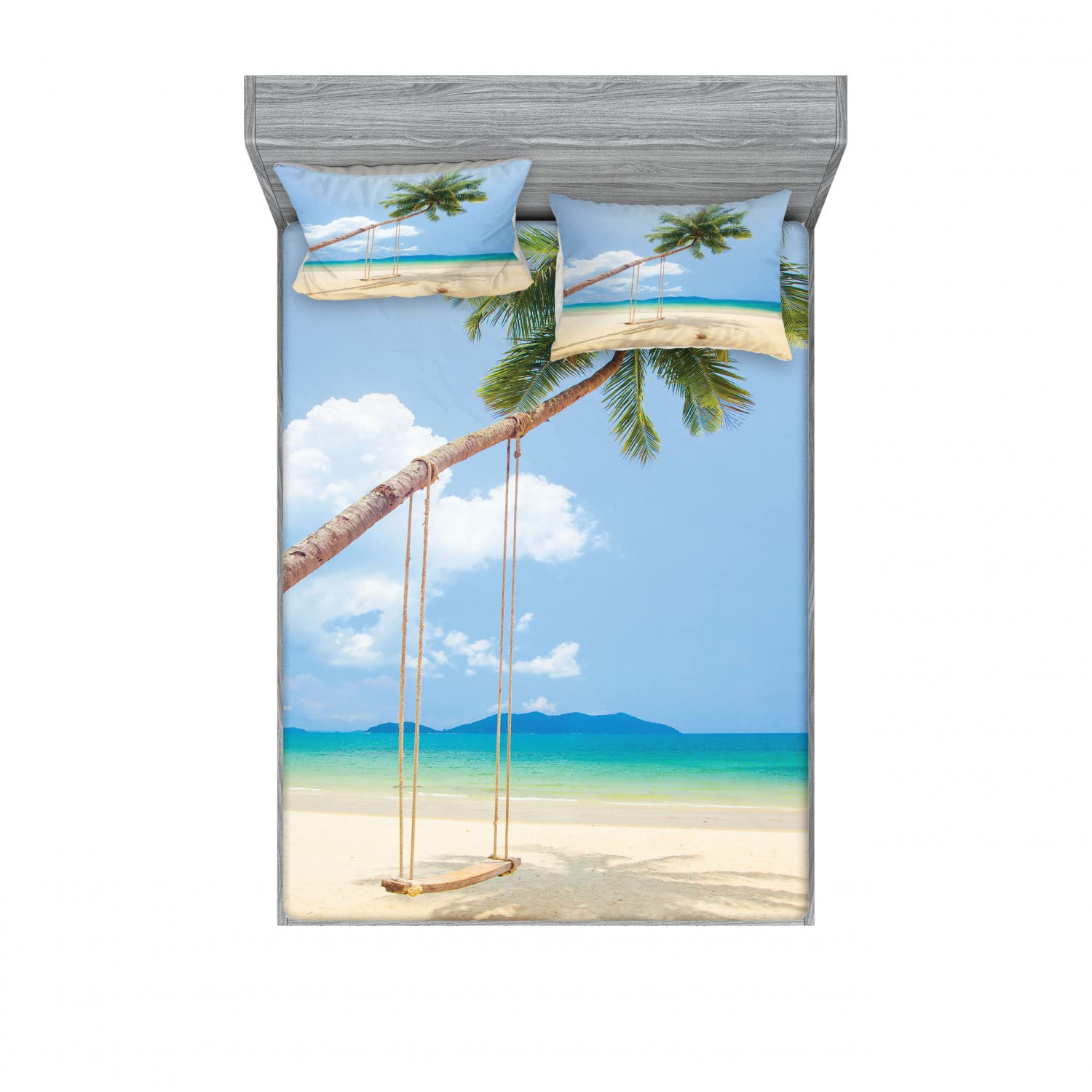 Ambesonne 2-Piece Tropical Fitted Sheet & Pillow Sham Set - Coconut Palms Island Design, 4-PC Bedding Decor (2 Twin XL Fitted Sheets + 4 Pillow Covers) in Cream Blue Green - Perfect for Beach House, Guest Room & Vacation Home Decor