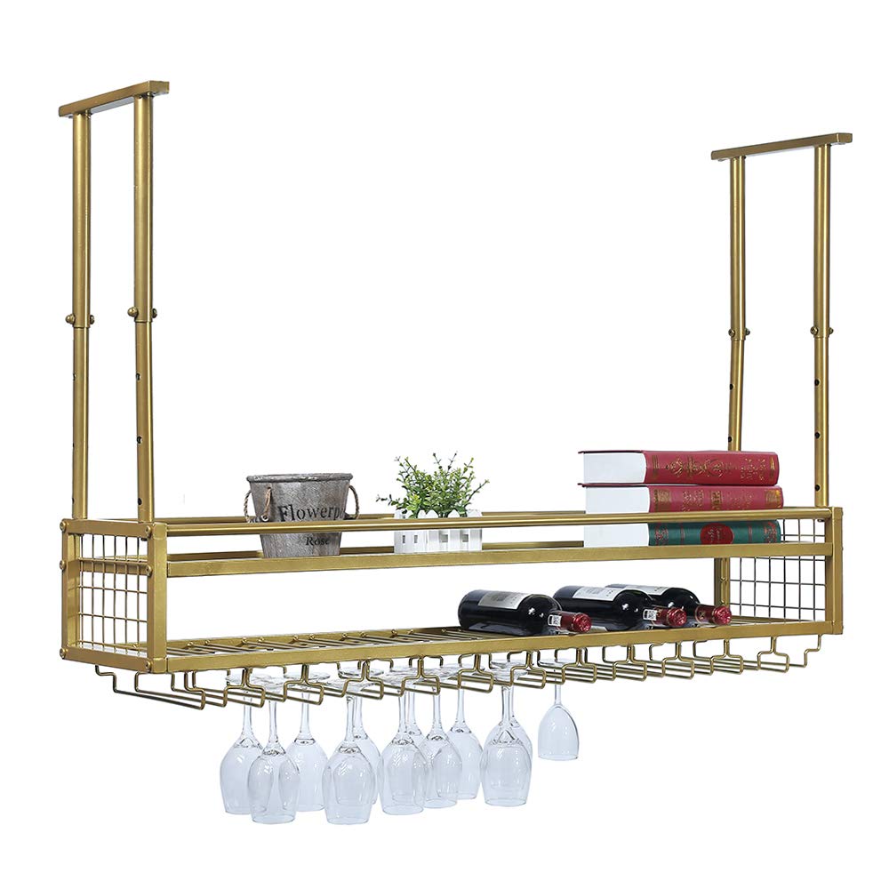 **47.2in Adjustable Metal Wine Glass Rack - Ceiling & Wall Mounted Hanging Holder for Bars, Restaurants & Home Kitchens - Industrial Iron Wine Shelf with Gold Finish (Perfect for Wine Storage & Display in Dining Rooms, Bars & Commercial Spaces)**