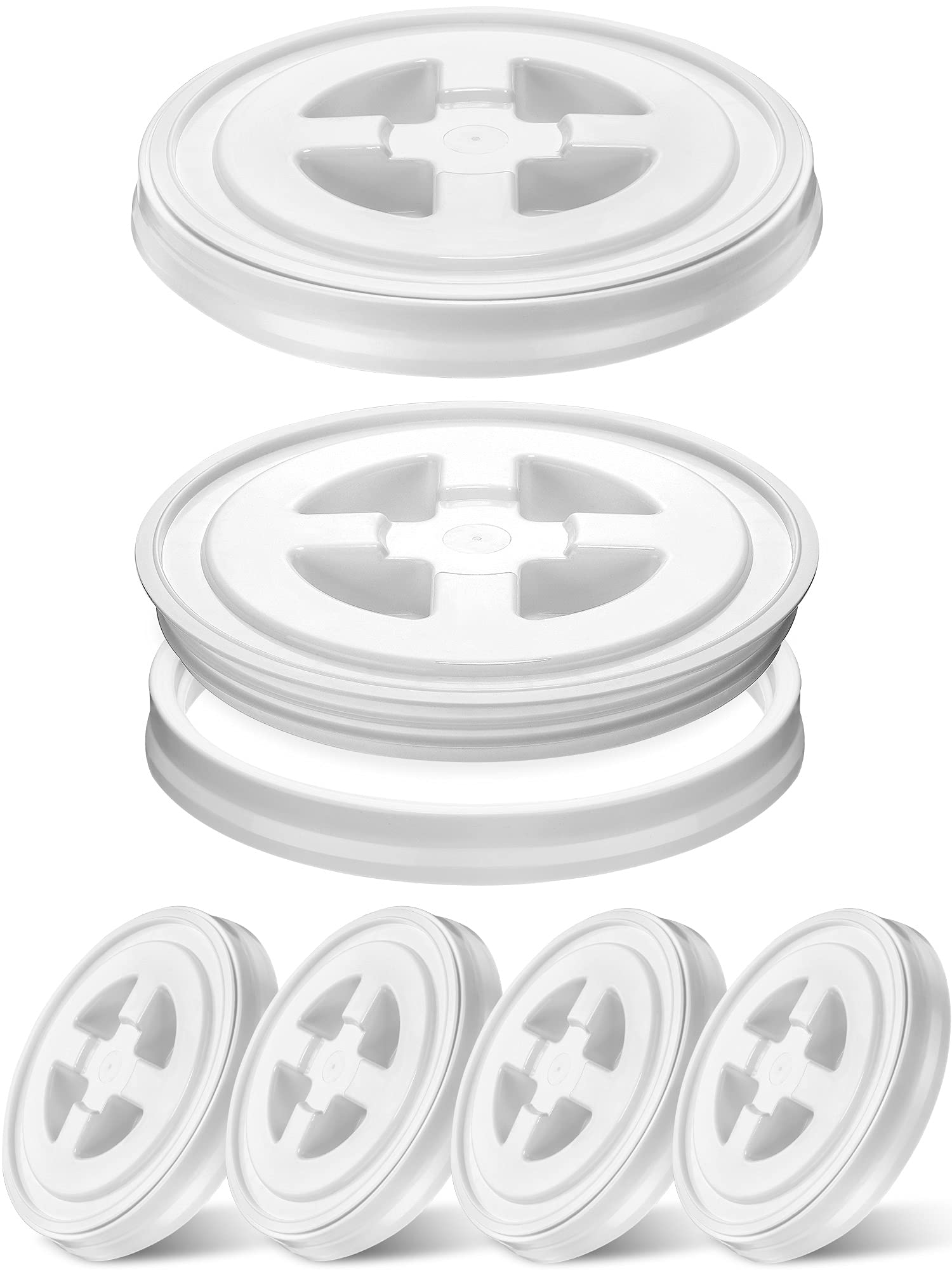 6-Pack 5 Gallon Screw-On Bucket Lids - Leakproof Plastic Storage Pail Covers for Cereals, Grains, Pet Food, Paint & Industrial Use - White (Ideal for Home Storage, Farm, Workshop & Food Preservation)
