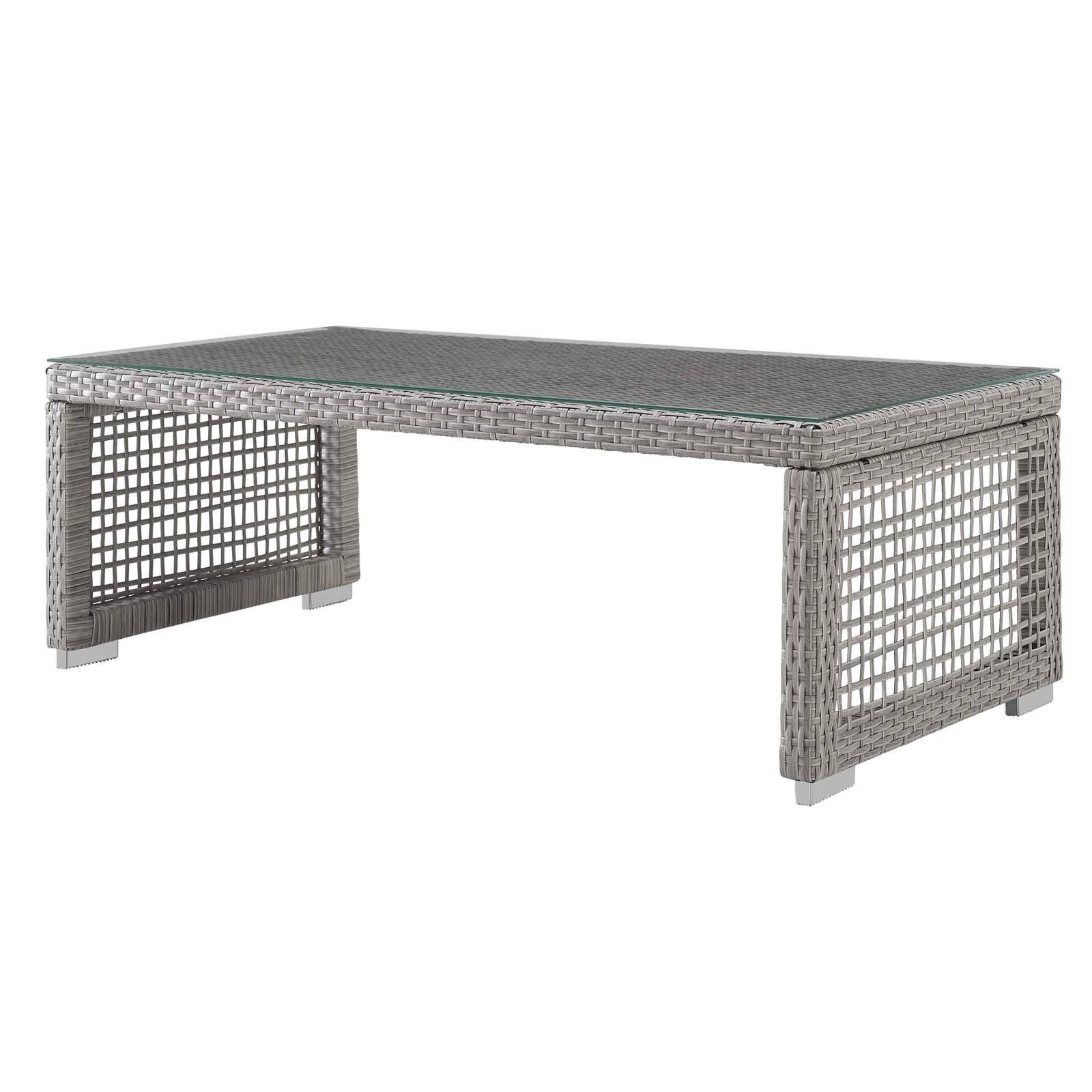 Modern Contemporary Outdoor Patio Balcony Lounge Coffee Table - Rattan Wicker Glass Top in Gray - Perfect for Garden, Poolside & Backyard Relaxation