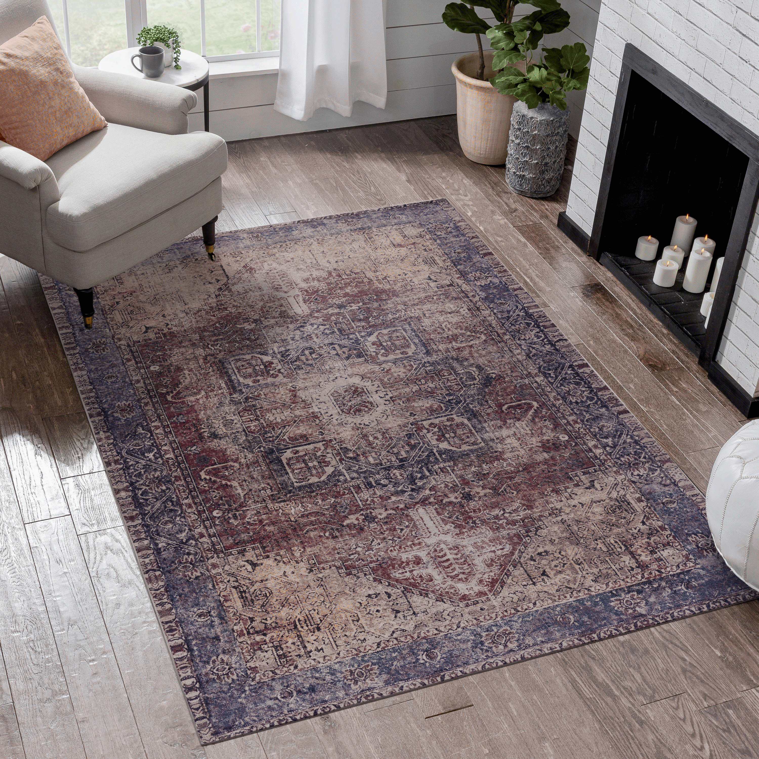 DTY Signature 5x8 Washable Low Pile Area Rugs - Non Slip, Non Shedding, Foldable - Kid & Pet Friendly Living Room, Bedroom, Kitchen Rug (Burgundy/Blue, 5'x8') - Perfect for Cozy Home Decor and High Traffic Areas